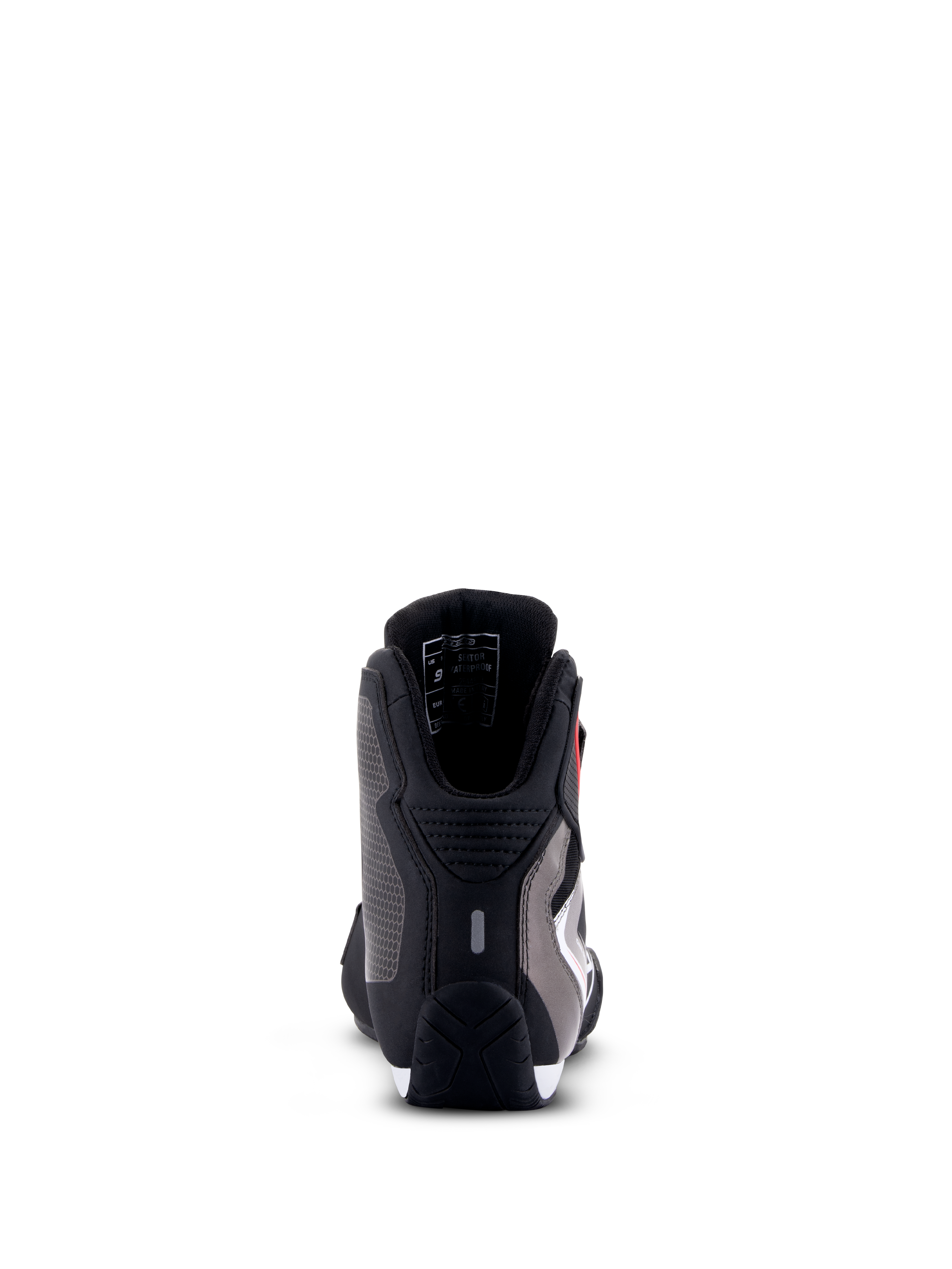 Alpinestars Sektor Waterproof Shoes, zapatos para motociclista, negro, blanco y gris, vista trasera que muestra la protección del talón, chasis de microfibra y suela de caucho duradera.