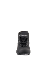 Alpinestars Sektor Waterproof Shoes, Black Riding Shoes, front view featuring black laces and a Velcro ankle strap with white Alpinestars logo, sleek microfiber design for all-weather motorcycle performance