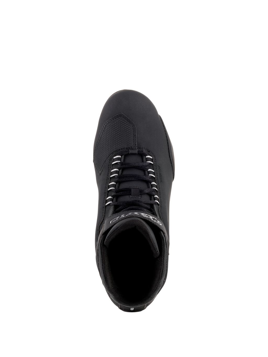 Alpinestars Sektor Waterproof Shoes, zapatos de moto negros, vista superior que muestra cordones negros y puntera reforzada, construcción de microfibra elegante para rendimiento en carretera