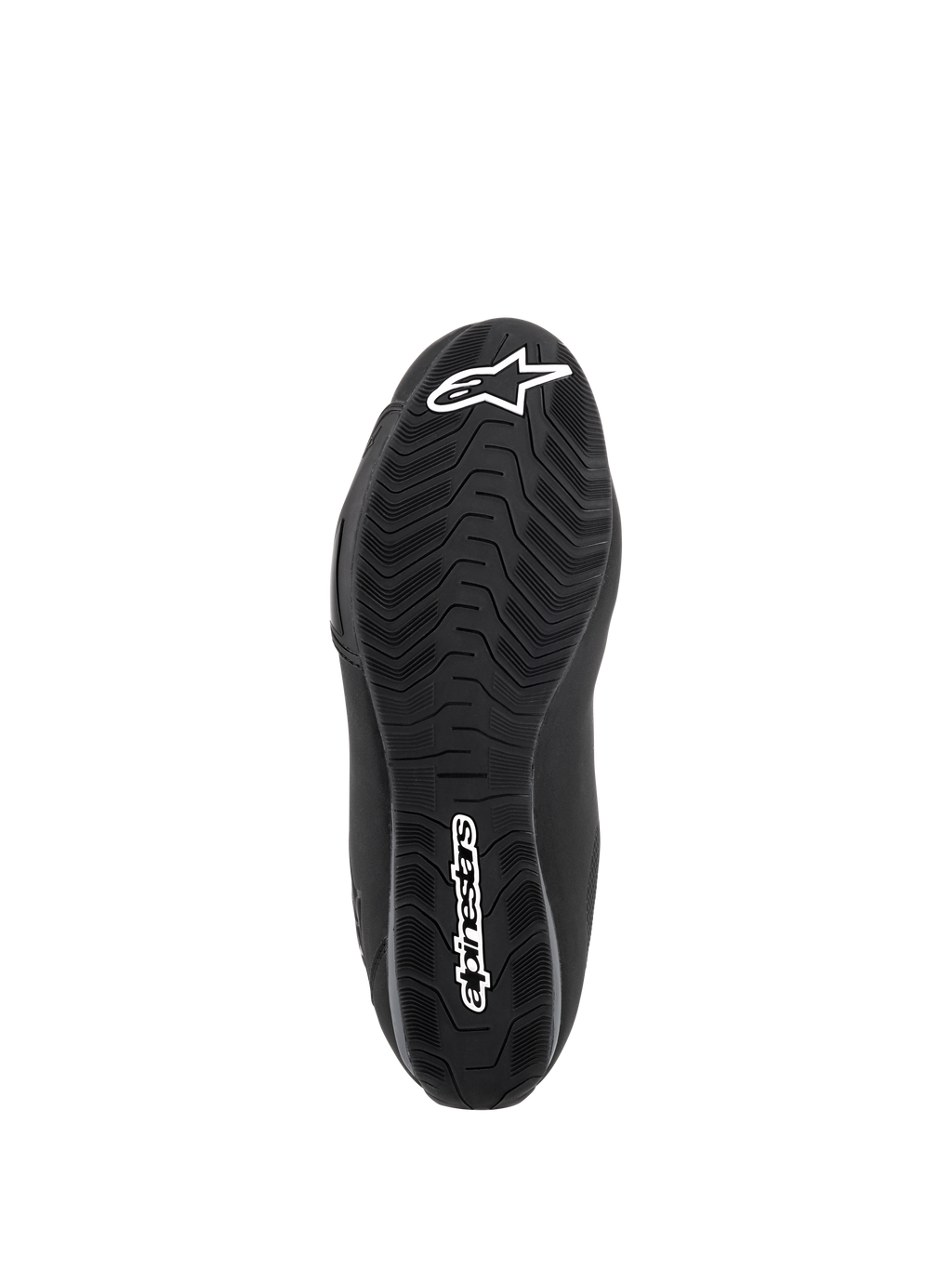 Alpinestars Sektor Waterproof Shoes, negro, vista inferior de la suela de compuesto de caucho, con un patrón de dibujo especializado para la evacuación de agua y el agarre, con el logotipo de la estrella blanca y la marca Alpinestars.