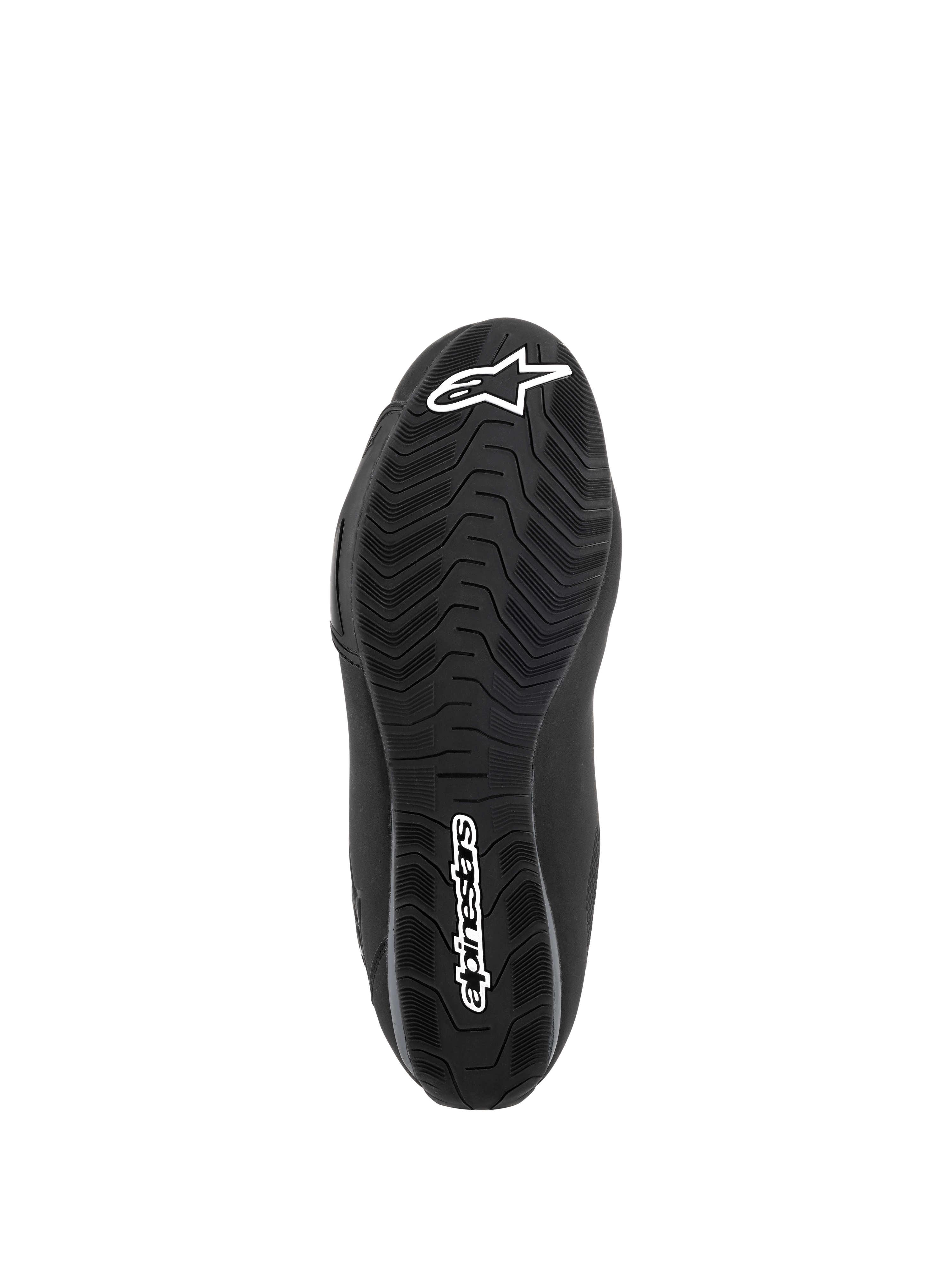 Alpinestars Sektor Waterproof Shoes, negro, vista inferior de la suela de compuesto de caucho, con un patrón de dibujo especializado para la evacuación de agua y el agarre, con el logotipo de la estrella blanca y la marca Alpinestars.