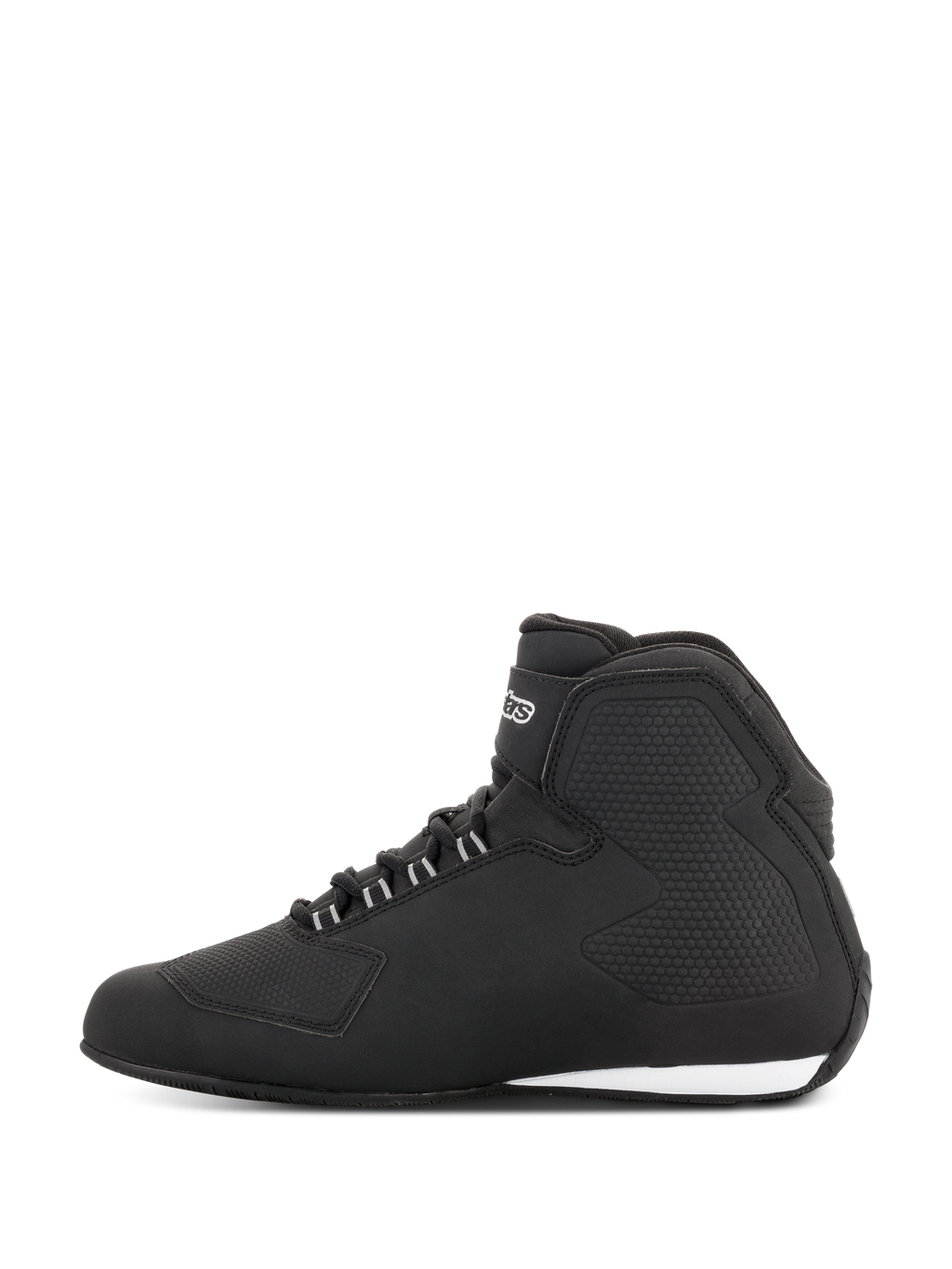 Alpinestars Stella Sektor Waterproof Shoes, zapatos de moto para mujer, negro plata, vista de perfil lateral con parte superior de microfibra ligera, sistema de lazada rápida con detalles plateados y construcción impermeable con paneles de protección integrados.