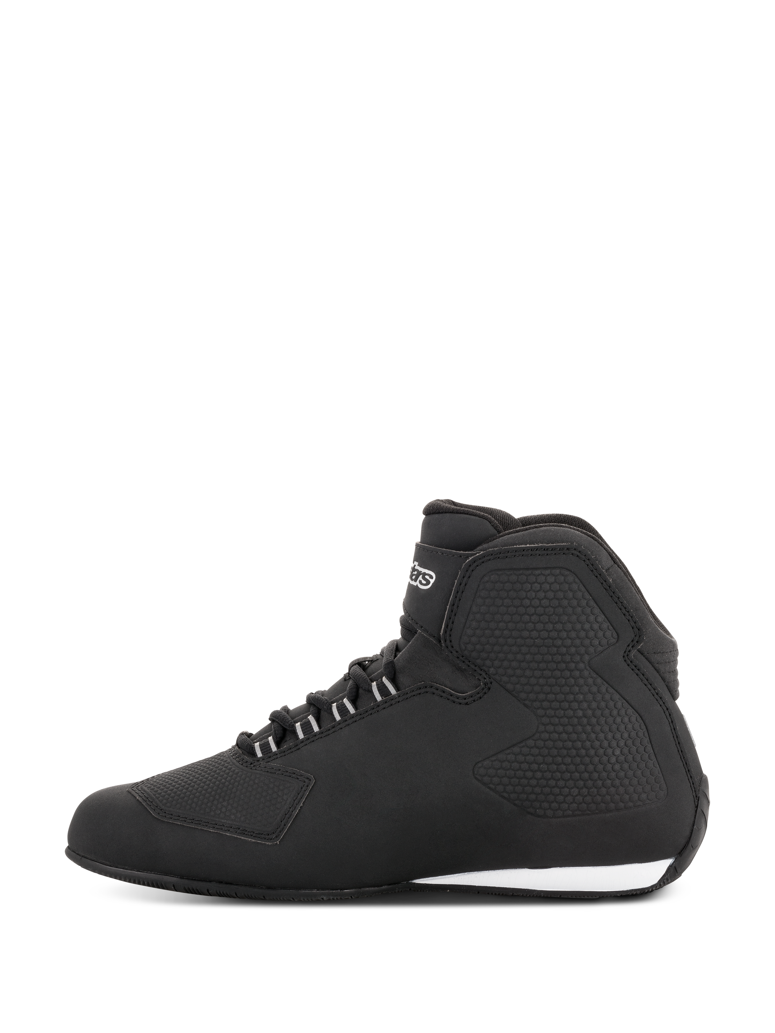 Alpinestars Stella Sektor Waterproof Shoes, zapatos de moto para mujer, negro plata, vista de perfil lateral con parte superior de microfibra ligera, sistema de lazada rápida con detalles plateados y construcción impermeable con paneles de protección integrados.