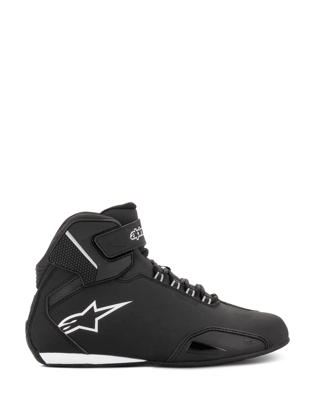 Alpinestars Women Stella Sektor Waterproof Shoes, negro y plateado, perfil lateral de un zapato de motociclismo de caña alta con chasis de microfibra ligera, logotipo de Alpinestars en blanco y cierre seguro de cordones y correa