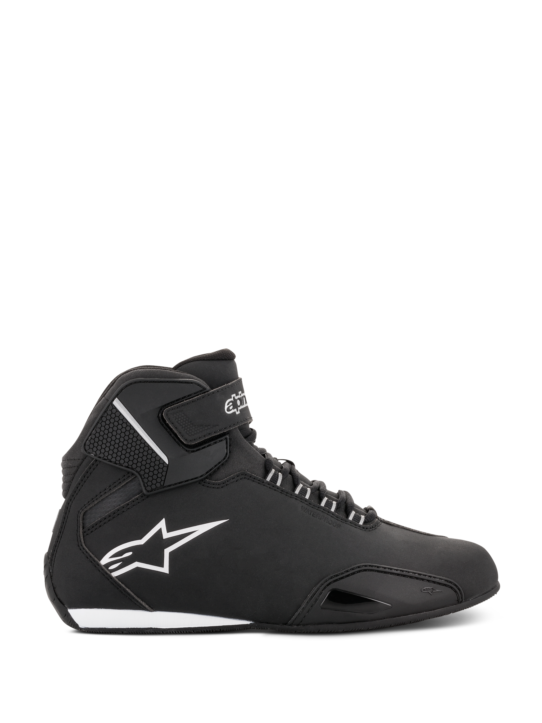 Alpinestars Women Stella Sektor Waterproof Shoes, Black and Silver, side profile of a high-top motorcycle riding shoe featuring a lightweight microfiber chassis, white Astars logo, and secure lace and strap closure