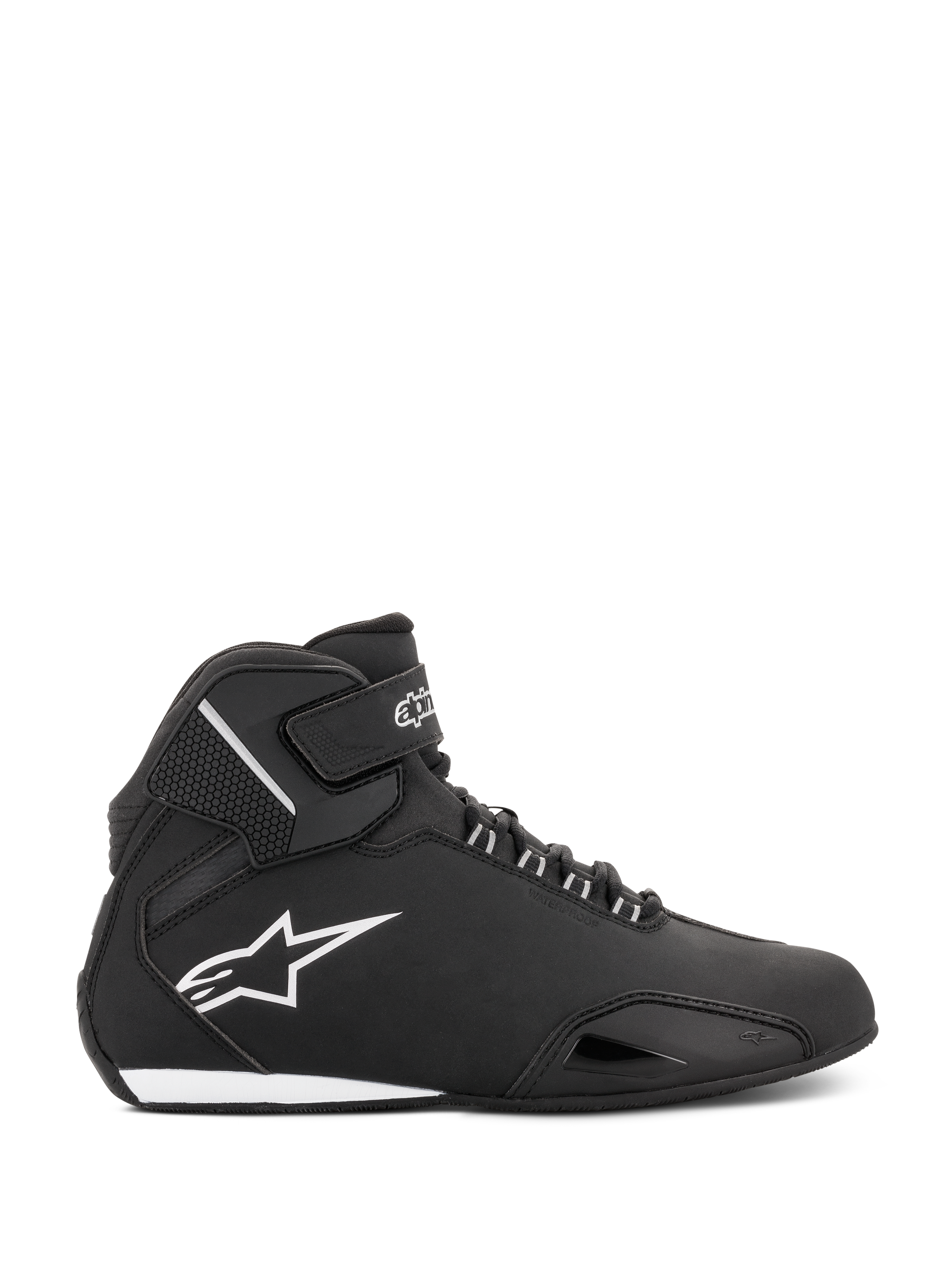 Alpinestars Women Stella Sektor Waterproof Shoes, Black and Silver, side profile of a high-top motorcycle riding shoe featuring a lightweight microfiber chassis, white Astars logo, and secure lace and strap closure