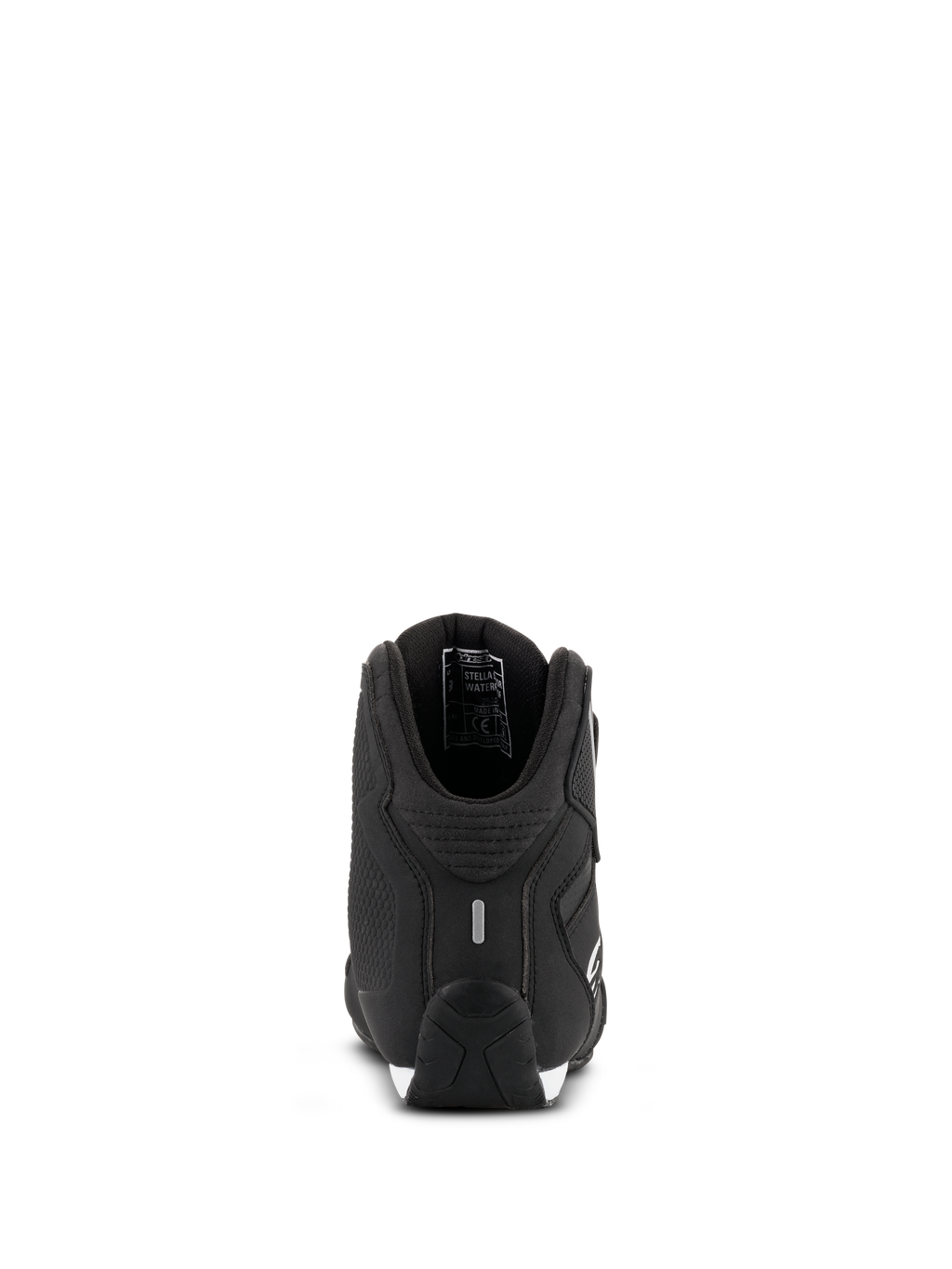 Zapatos Alpinestars Stella Sektor Waterproof para mujer, calzado para moto, negro y plata, vista trasera que muestra el talón reforzado y el detalle reflectante, chasis de microfibra ligera con forro de membrana impermeable