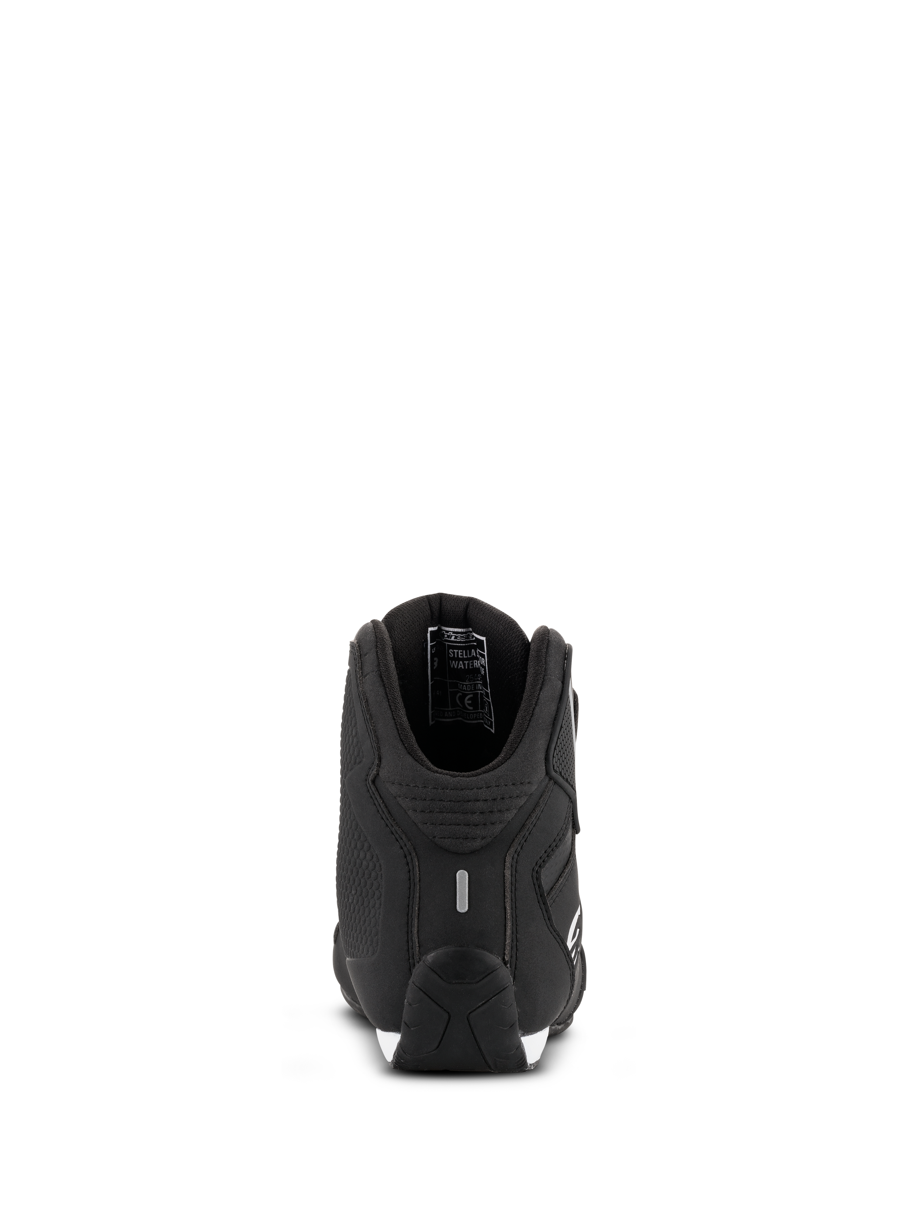 Zapatos Alpinestars Stella Sektor Waterproof para mujer, calzado para moto, negro y plata, vista trasera que muestra el talón reforzado y el detalle reflectante, chasis de microfibra ligera con forro de membrana impermeable
