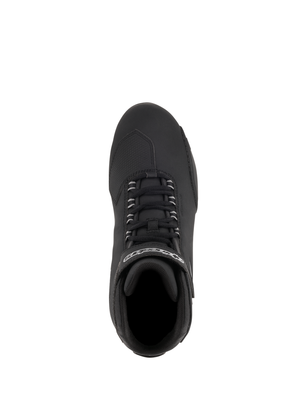 Alpinestars Stella Sektor Waterproof Shoes, zapatos de moto para mujer, negro y plata, vista aérea que muestra el sistema de lazada rápida y la correa con marca, parte superior de microfibra con almohadilla de cambio texturizada para conducción en carretera