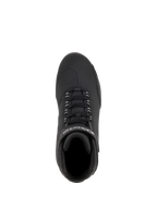 Alpinestars Stella Sektor Waterproof Shoes, zapatos de moto para mujer, negro y plata, vista aérea que muestra el sistema de lazada rápida y la correa con marca, parte superior de microfibra con almohadilla de cambio texturizada para conducción en carretera