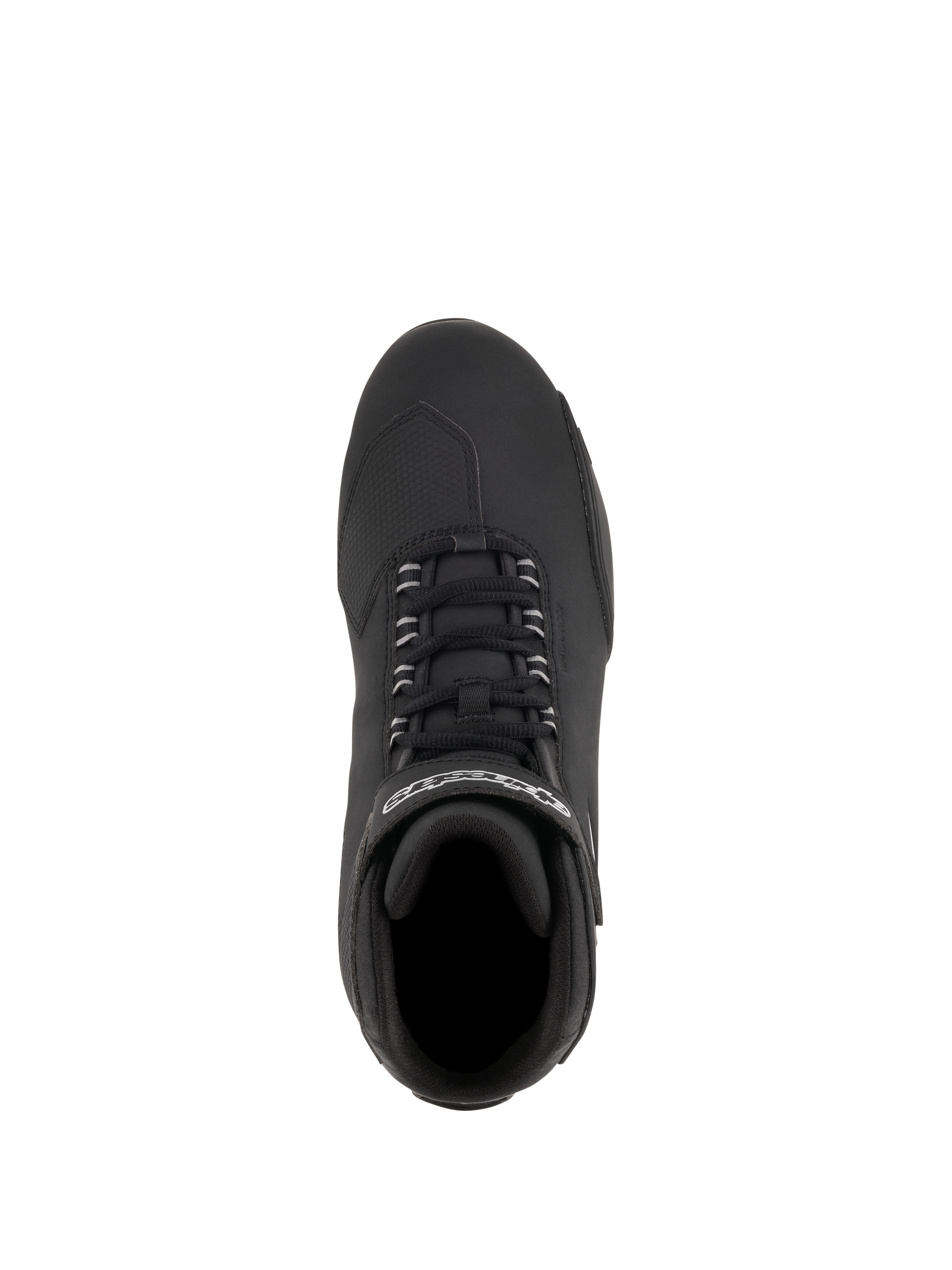 Alpinestars Stella Sektor Waterproof Shoes, zapatos de moto para mujer, negro y plata, vista aérea que muestra el sistema de lazada rápida y la correa con marca, parte superior de microfibra con almohadilla de cambio texturizada para conducción en carretera