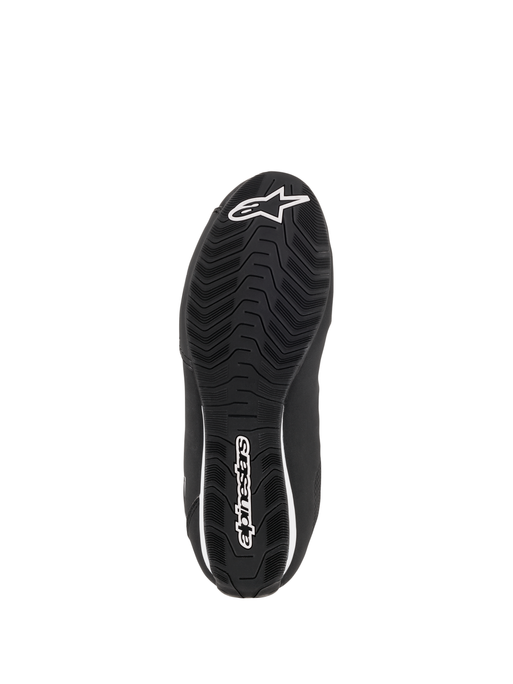 Zapatos Alpinestars Stella Sektor Waterproof para mujer, vista inferior de la suela de goma negra con un patrón de agarre ondulado texturizado para mayor tracción, logotipo de estrella y nombre de la marca Alpinestars en blanco, diseñada para la evacuación de agua y el agarre.