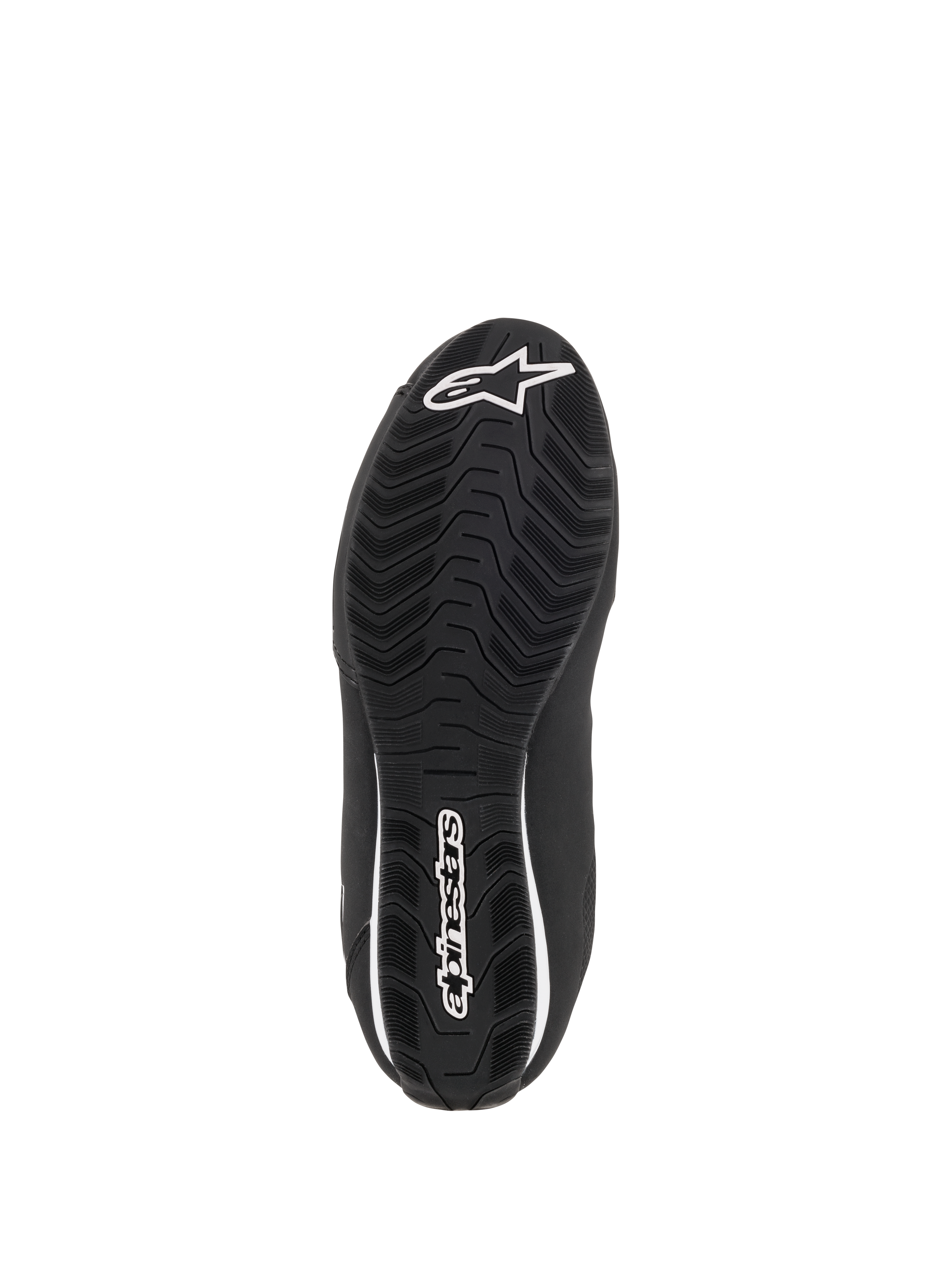 Zapatos Alpinestars Stella Sektor Waterproof para mujer, vista inferior de la suela de goma negra con un patrón de agarre ondulado texturizado para mayor tracción, logotipo de estrella y nombre de la marca Alpinestars en blanco, diseñada para la evacuación de agua y el agarre.