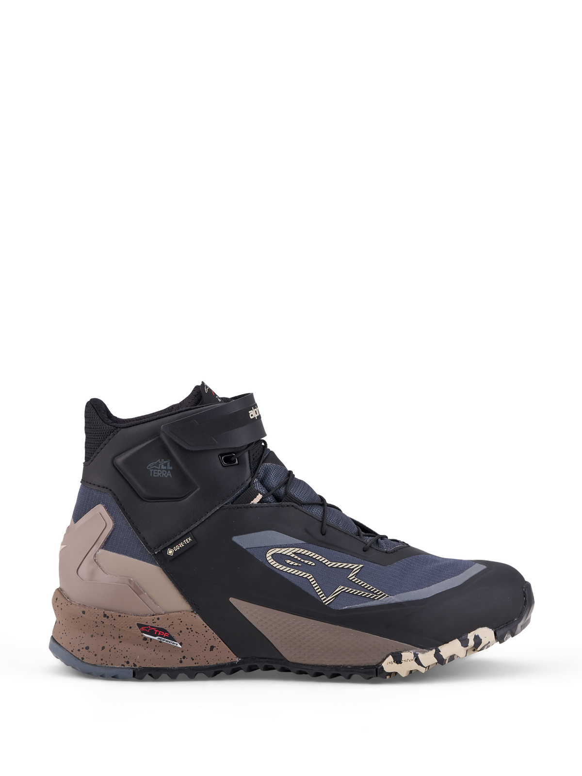 Alpinestars Cr-X Gore-Tex, zapatos de moto impermeables, negros, gris oscuro y beige, con membrana Gore-Tex, protección TPF y lazada alta