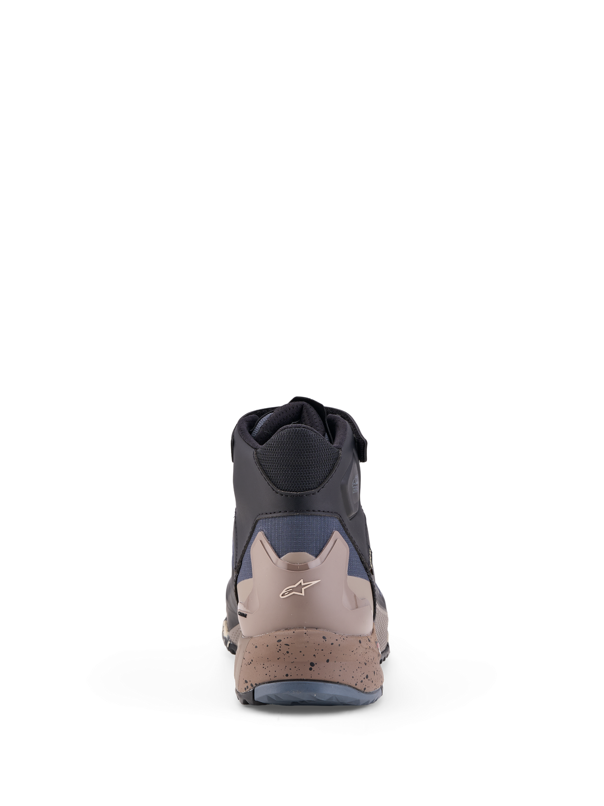 Alpinestars Cr X Gore Tex Zapatillas, zapatos de moto all-terrain de corte bajo, negro, gris oscuro y beige, vista trasera con refuerzo protector en el talón y mediasuela moteada