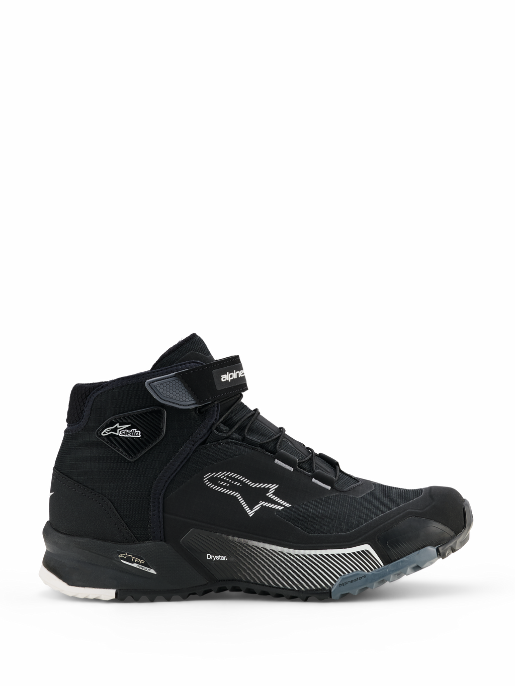Alpinestars CR-X Women's Drystar Riding Shoes, zapatillas de moto negras de caña alta, vista lateral de calzado urbano para mujer con cierre de cordones y correa de velcro, logo de estrella blanco de Alpinestars, marcas 'Drystar' y 'TPF' en la entresuela, suela de goma resistente con patrones en blanco y gris.