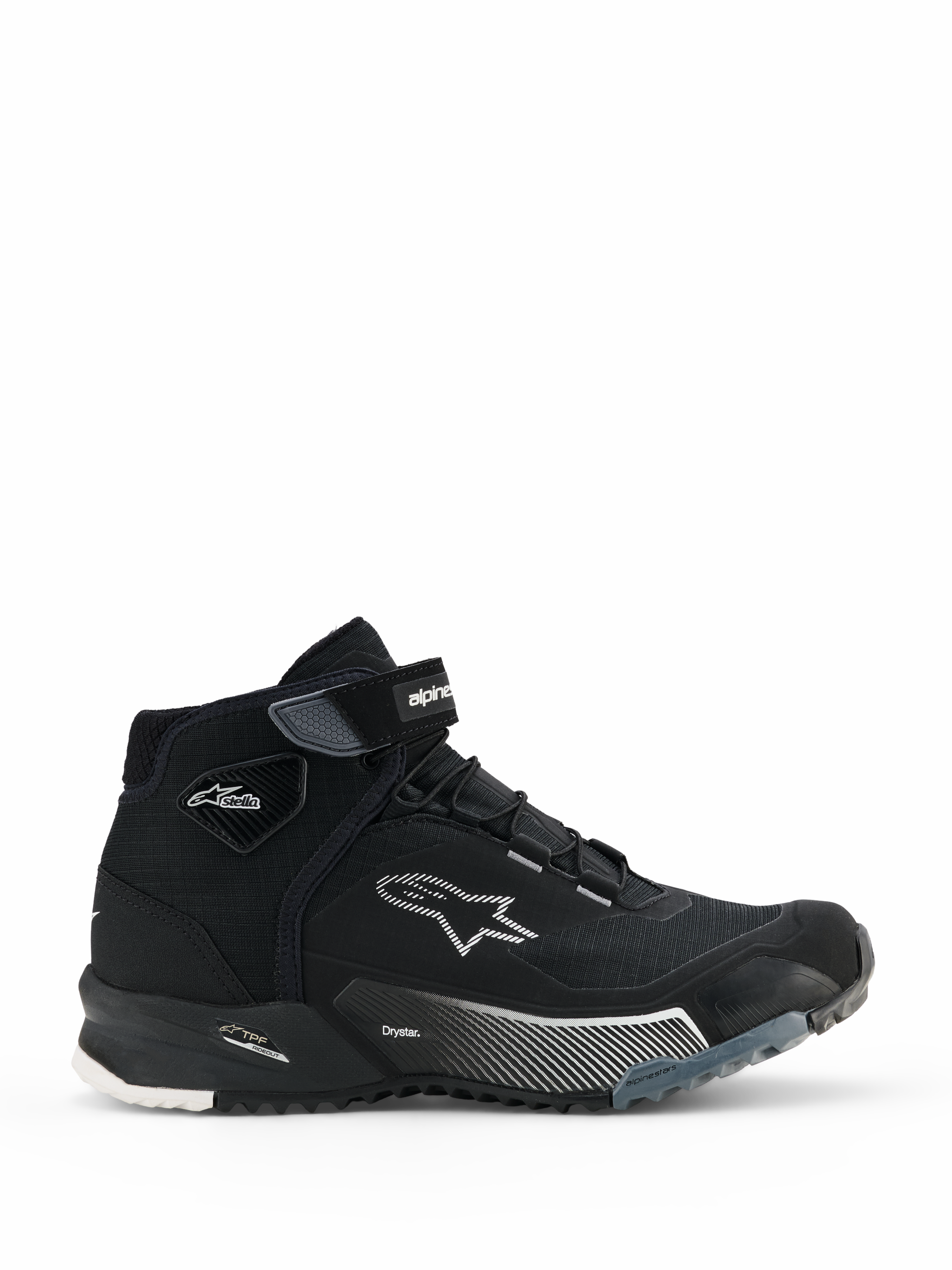 Alpinestars CR-X Women's Drystar Riding Shoes, zapatillas de moto negras de caña alta, vista lateral de calzado urbano para mujer con cierre de cordones y correa de velcro, logo de estrella blanco de Alpinestars, marcas 'Drystar' y 'TPF' en la entresuela, suela de goma resistente con patrones en blanco y gris.