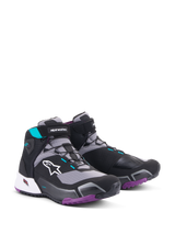 Alpinestars CR-X Women's Drystar® Riding Shoes, zapatillas de moto para mujer, negro, gris, ciruela y verde azulado, con el logotipo de Alpinestars en blanco en el lateral, suela morada, detalles en verde azulado y diseño atlético elegante para mayor comodidad al caminar y conducir