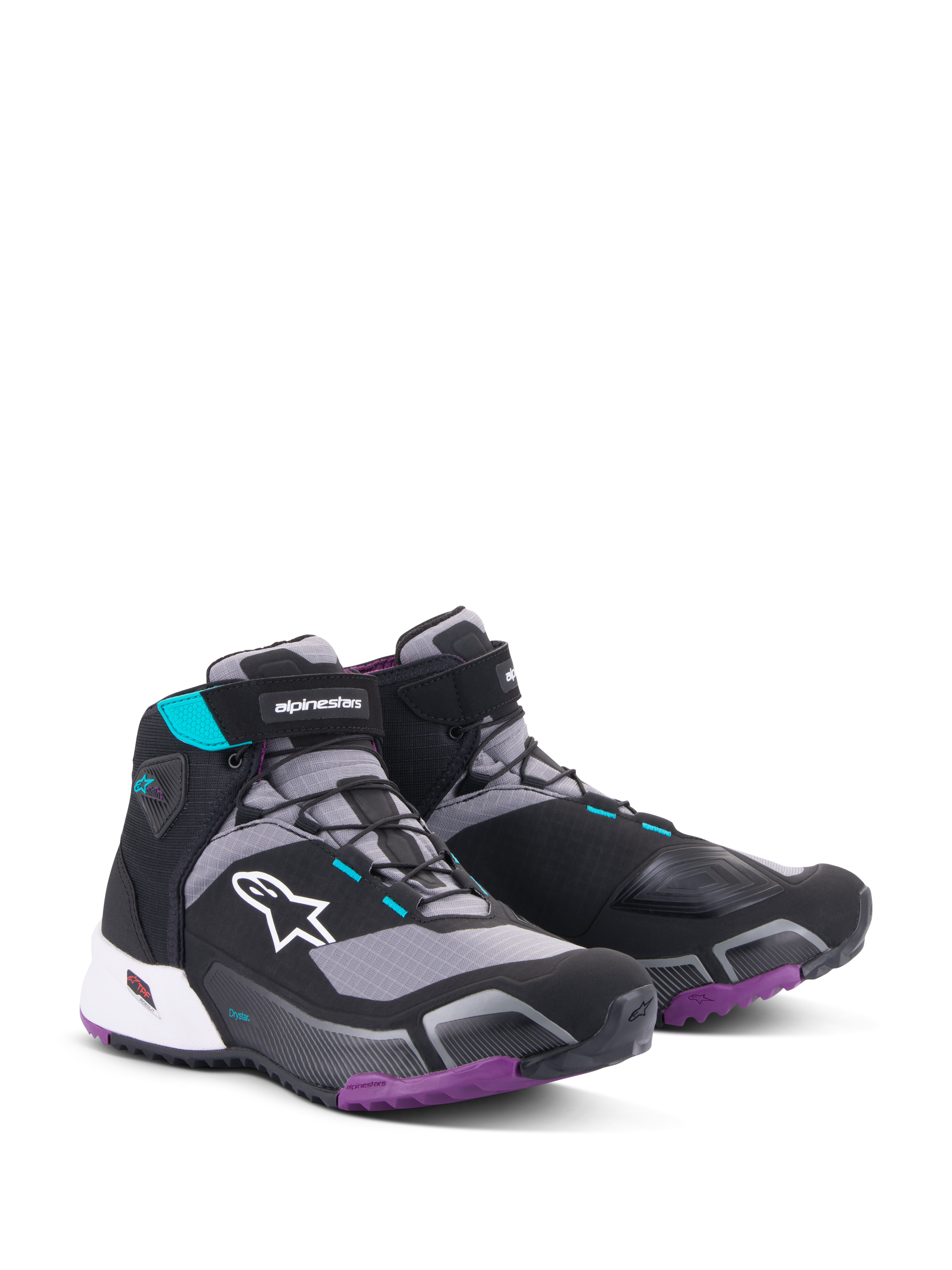 Alpinestars CR-X Women's Drystar® Riding Shoes, zapatillas de moto para mujer, negro, gris, ciruela y verde azulado, con el logotipo de Alpinestars en blanco en el lateral, suela morada, detalles en verde azulado y diseño atlético elegante para mayor comodidad al caminar y conducir