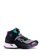 Alpinestars CR-X Women's Drystar® Riding Shoe, Black Gray Plum Teal, high-top motorcycle footwear, white Alpinestars logo on side, purple outsole and heel padding, teal accents on ankle strap and lace loops, sleek sporty design for touring and commuting