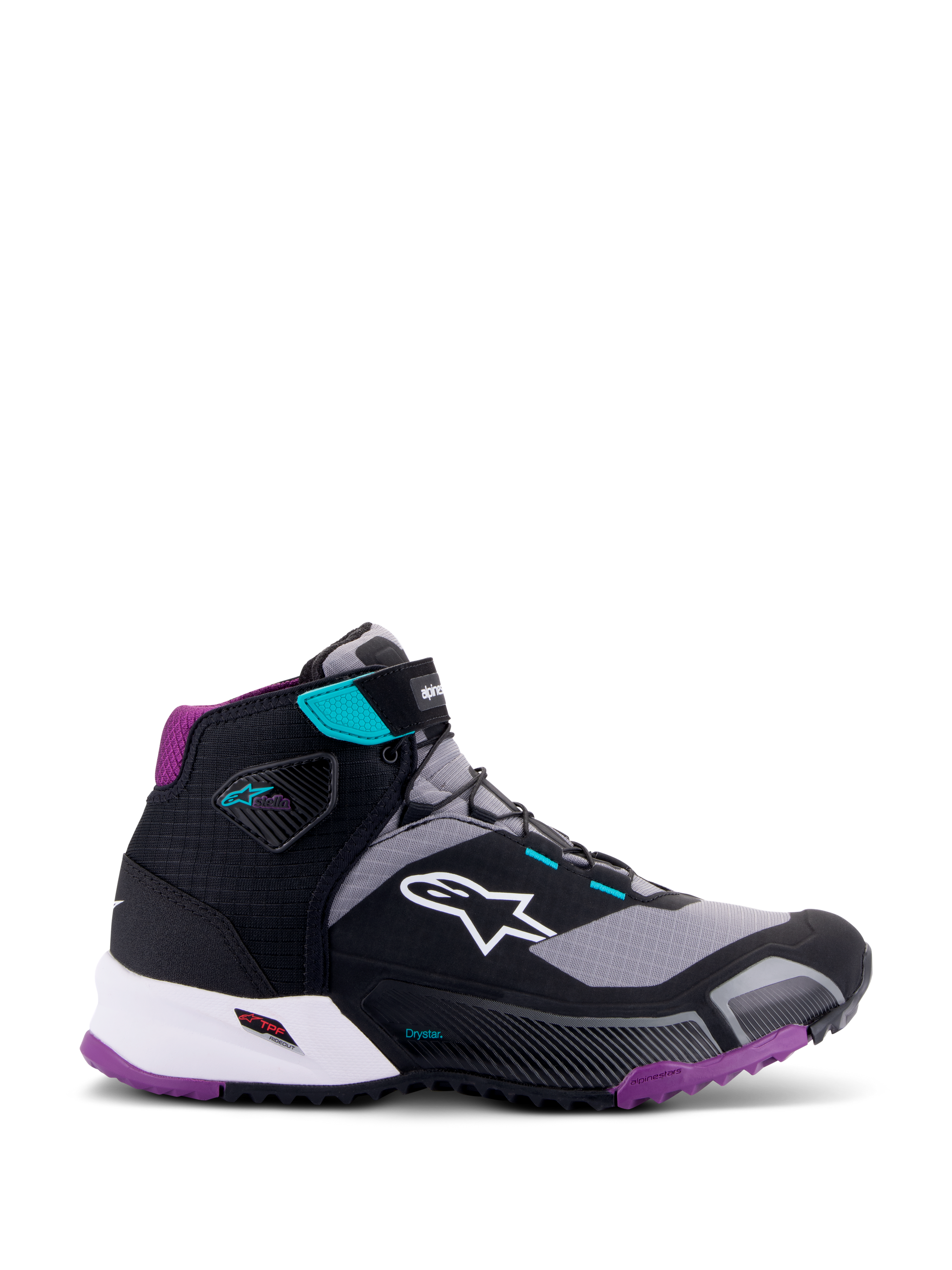 Zapatillas Alpinestars CR-X Women's Drystar®, negro gris ciruela verde azulado, calzado de motociclismo de caña alta, logo blanco de Alpinestars en el lateral, suela y acolchado del talón en púrpura, detalles en verde azulado en la correa del tobillo y ojales, diseño deportivo y elegante para turismo y desplazamientos