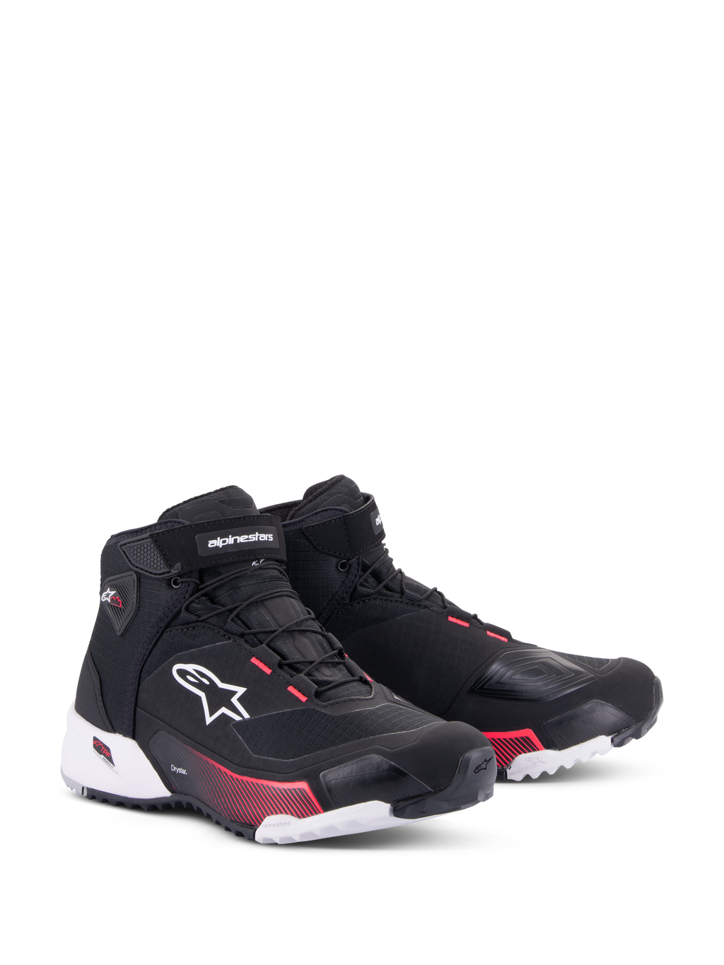Alpinestars CR-X Women's Drystar® Riding Shoes, zapatillas de moto para mujer, negro, blanco y rosa diva, vista frontal en tres cuartos, parte superior de ripstop con logo Alpinestars en blanco, detalles rosa en la entresuela y los ojales, diseño elegante y protector para touring