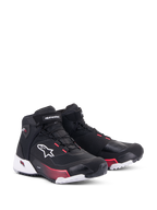 Alpinestars CR-X Women's Drystar® Riding Shoes, zapatillas de moto para mujer, negro, blanco y rosa diva, vista frontal en tres cuartos, parte superior de ripstop con logo Alpinestars en blanco, detalles rosa en la entresuela y los ojales, diseño elegante y protector para touring