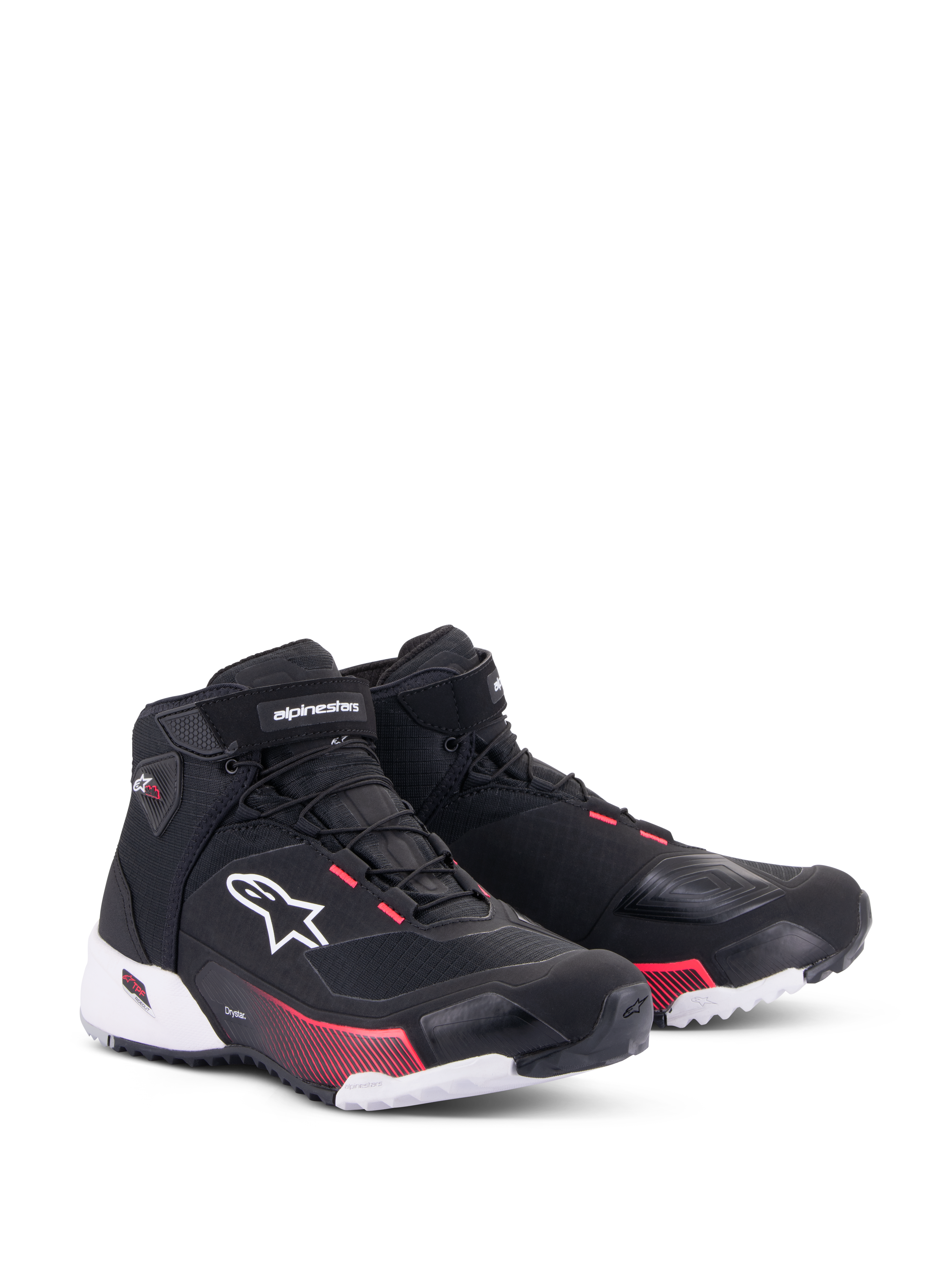 Alpinestars CR-X Women's Drystar® Riding Shoes, zapatillas de moto para mujer, negro, blanco y rosa diva, vista frontal en tres cuartos, parte superior de ripstop con logo Alpinestars en blanco, detalles rosa en la entresuela y los ojales, diseño elegante y protector para touring
