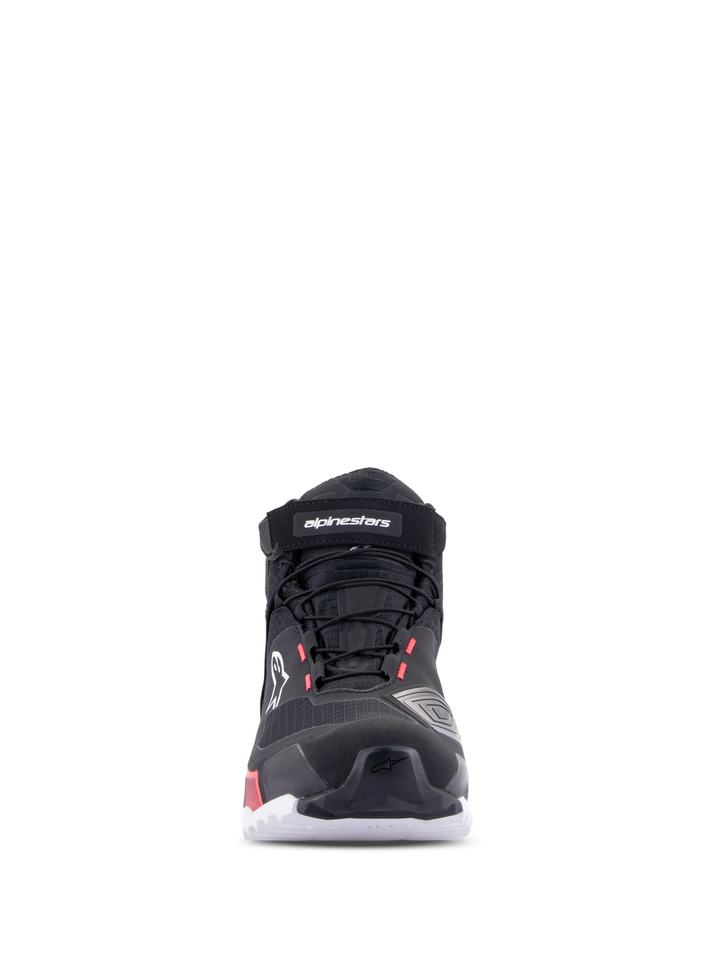 Zapatillas Alpinestars CR-X Drystar® para mujer, color negro, blanco y rosa diva, vista frontal, calzado de motociclismo impermeable con parte superior de tejido técnico, cordones y correa de velcro en el tobillo, con logotipos blancos y detalles en rosa diva.