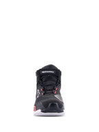Zapatillas Alpinestars CR-X Drystar® para mujer, color negro, blanco y rosa diva, vista frontal, calzado de motociclismo impermeable con parte superior de tejido técnico, cordones y correa de velcro en el tobillo, con logotipos blancos y detalles en rosa diva.