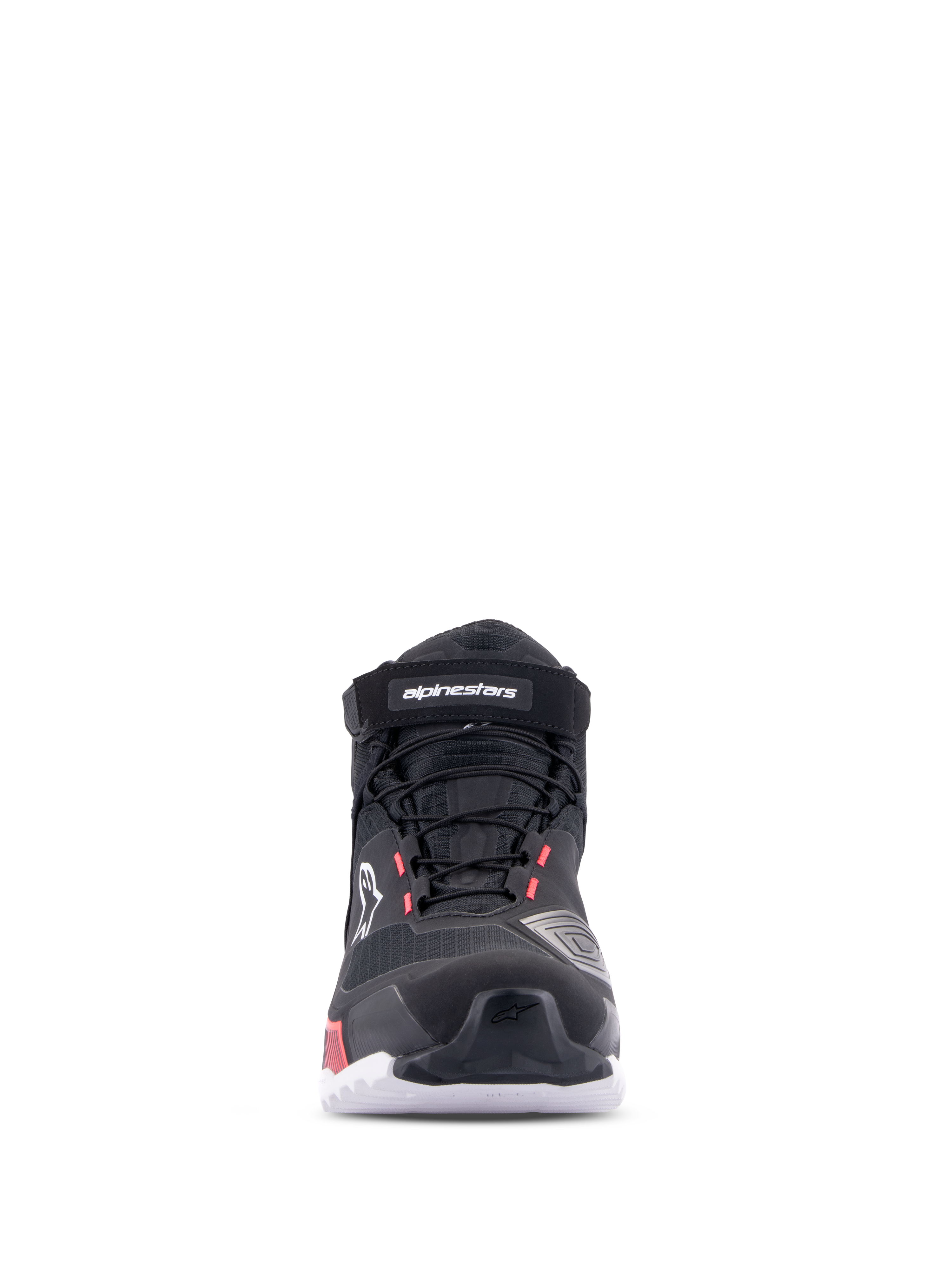 Zapatillas Alpinestars CR-X Drystar® para mujer, color negro, blanco y rosa diva, vista frontal, calzado de motociclismo impermeable con parte superior de tejido técnico, cordones y correa de velcro en el tobillo, con logotipos blancos y detalles en rosa diva.