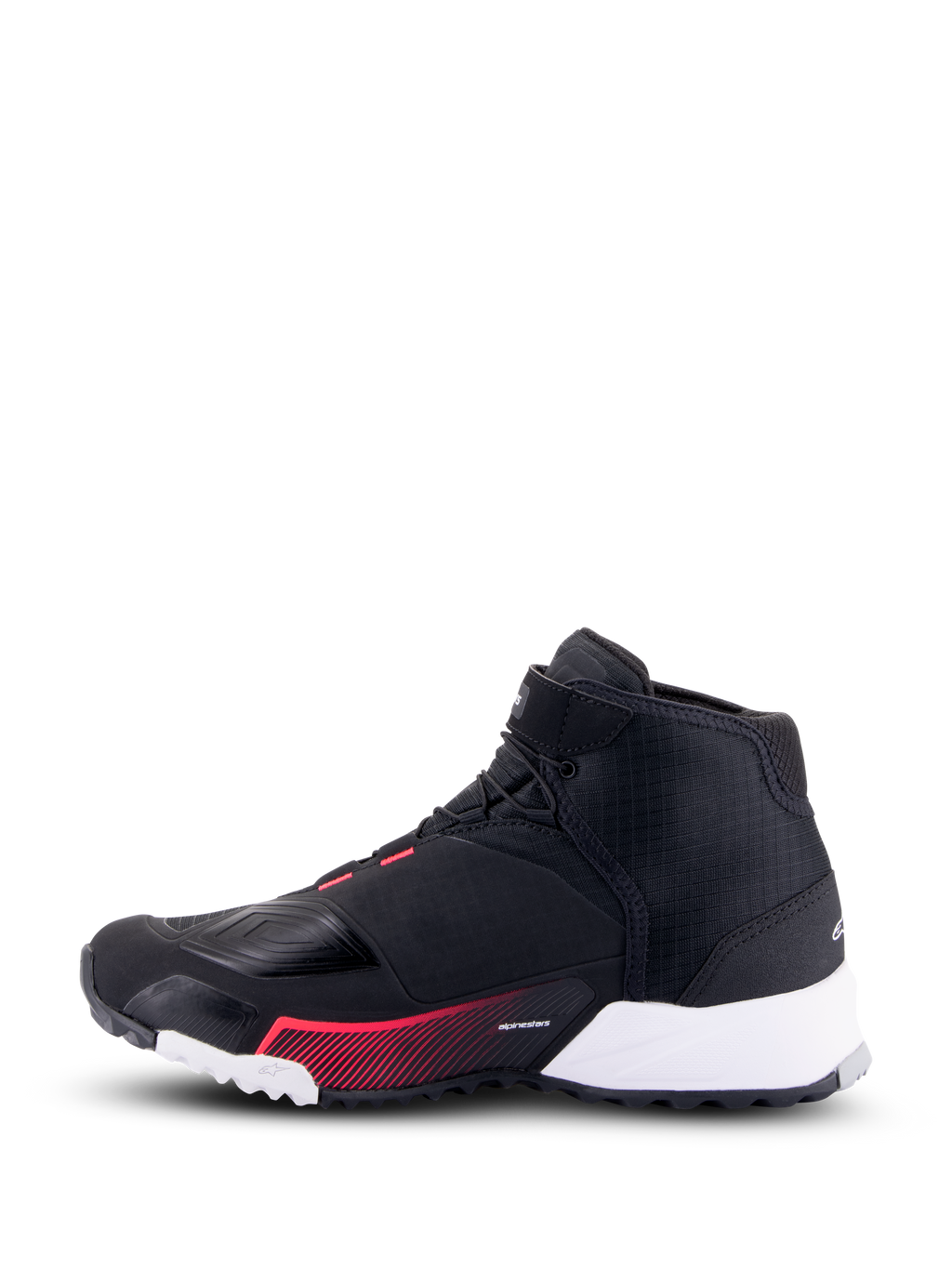 Alpinestars CR-X Women's Drystar® Riding Shoe, zapatillas de moto para mujer, negro, blanco y rosa diva, vista de perfil lateral que muestra una parte superior de ripstop negro, talón blanco y detalles gráficos en rosa, estilo urbano con características de protección