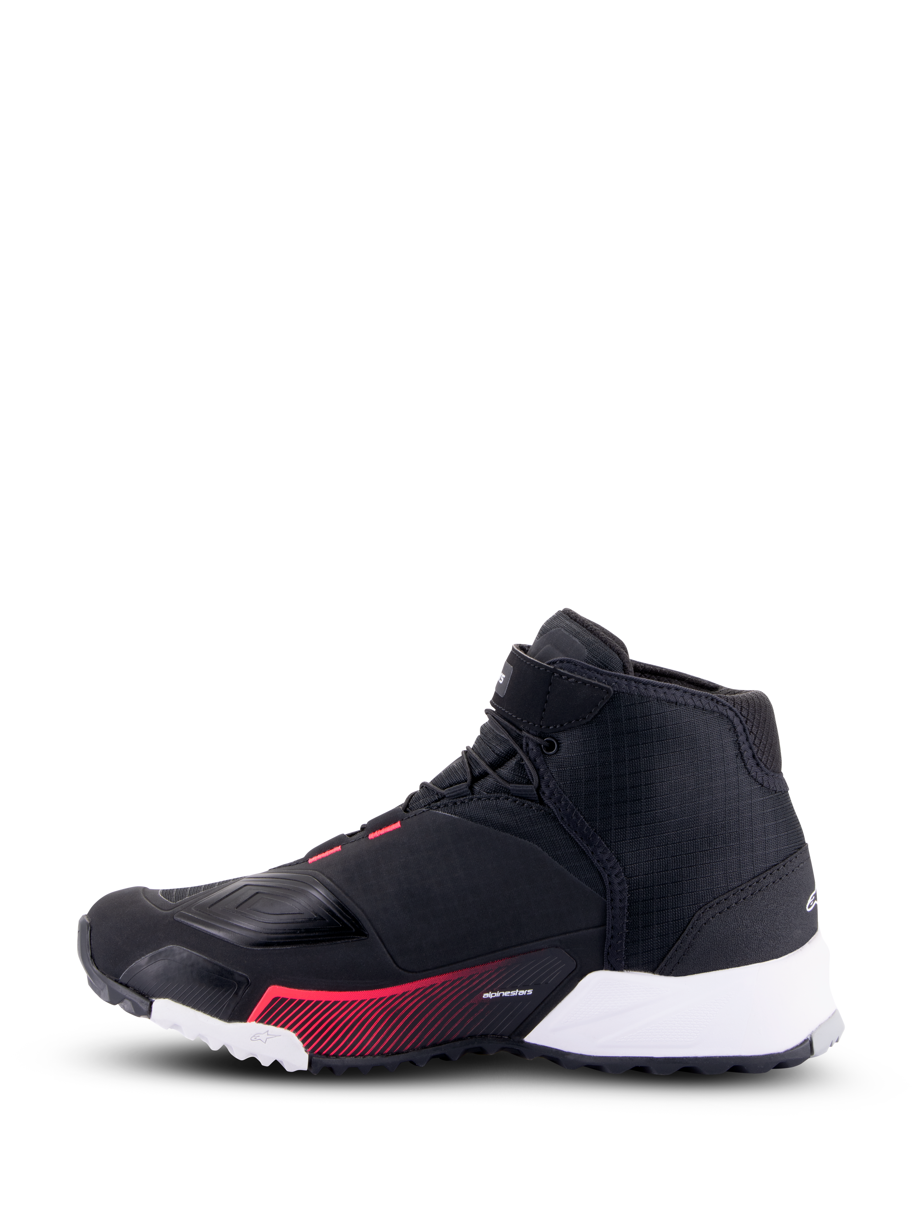 Alpinestars CR-X Women's Drystar® Riding Shoe, zapatillas de moto para mujer, negro, blanco y rosa diva, vista de perfil lateral que muestra una parte superior de ripstop negro, talón blanco y detalles gráficos en rosa, estilo urbano con características de protección