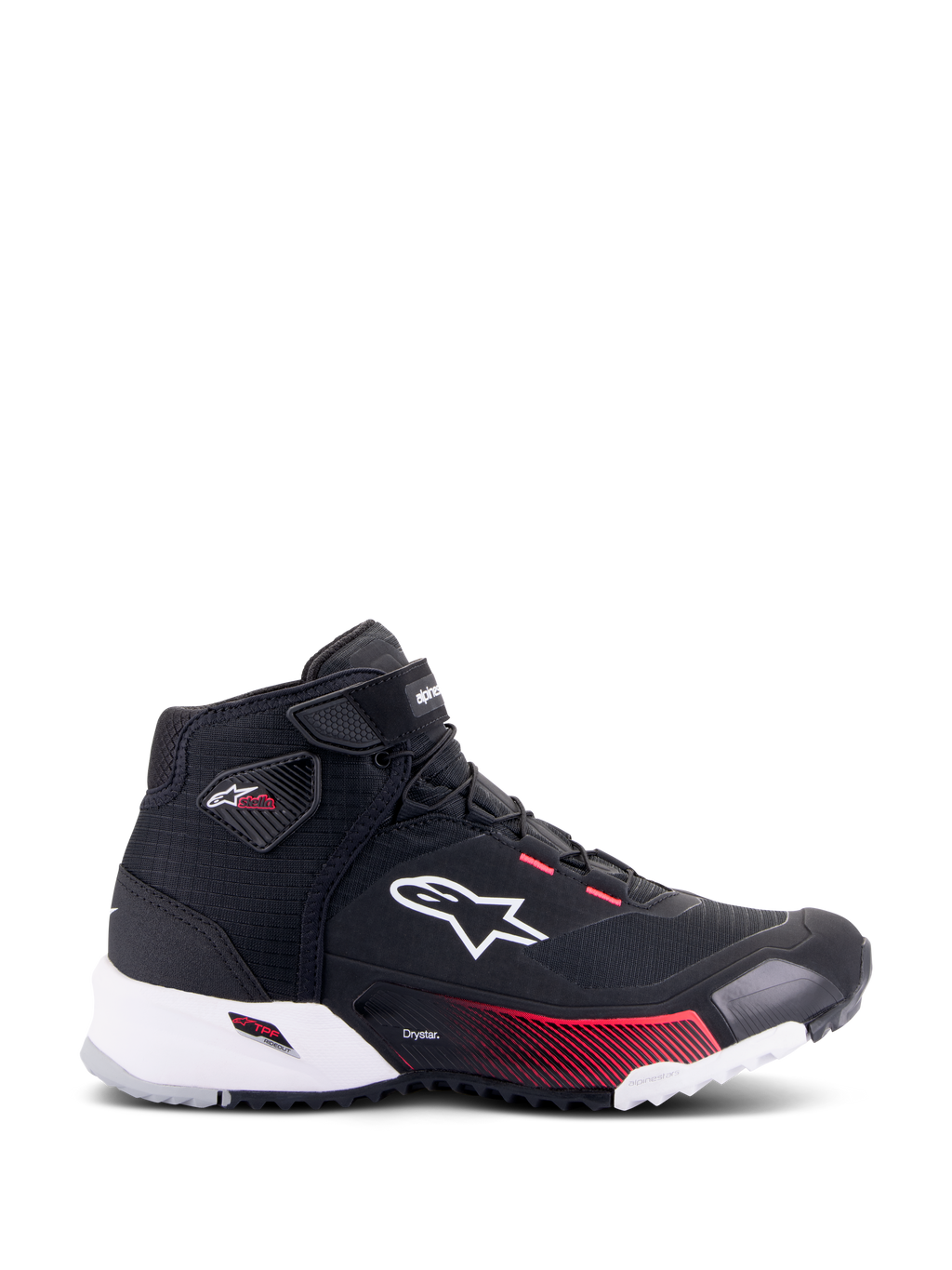 Alpinestars CR-X Women's Drystar® Riding Shoe, zapatillas de moto para mujer, negro, blanco y rosa diva, vista de perfil que muestra el logotipo de Alpinestars en blanco, detalles en degradado rosa en la entresuela y la marca Stella en el tobillo, diseño elegante e impermeable estilo zapatilla deportiva.