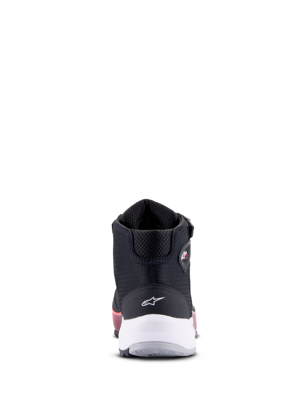 Alpinestars CR-X Women's Drystar Riding Shoe, negro, blanco y rosa diva, vista trasera con soporte de talón blanco y logotipo de estrella, calzado técnico de moto con detalles rosas en la suela