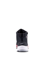 Alpinestars CR-X Women's Drystar Riding Shoe, negro, blanco y rosa diva, vista trasera con soporte de talón blanco y logotipo de estrella, calzado técnico de moto con detalles rosas en la suela