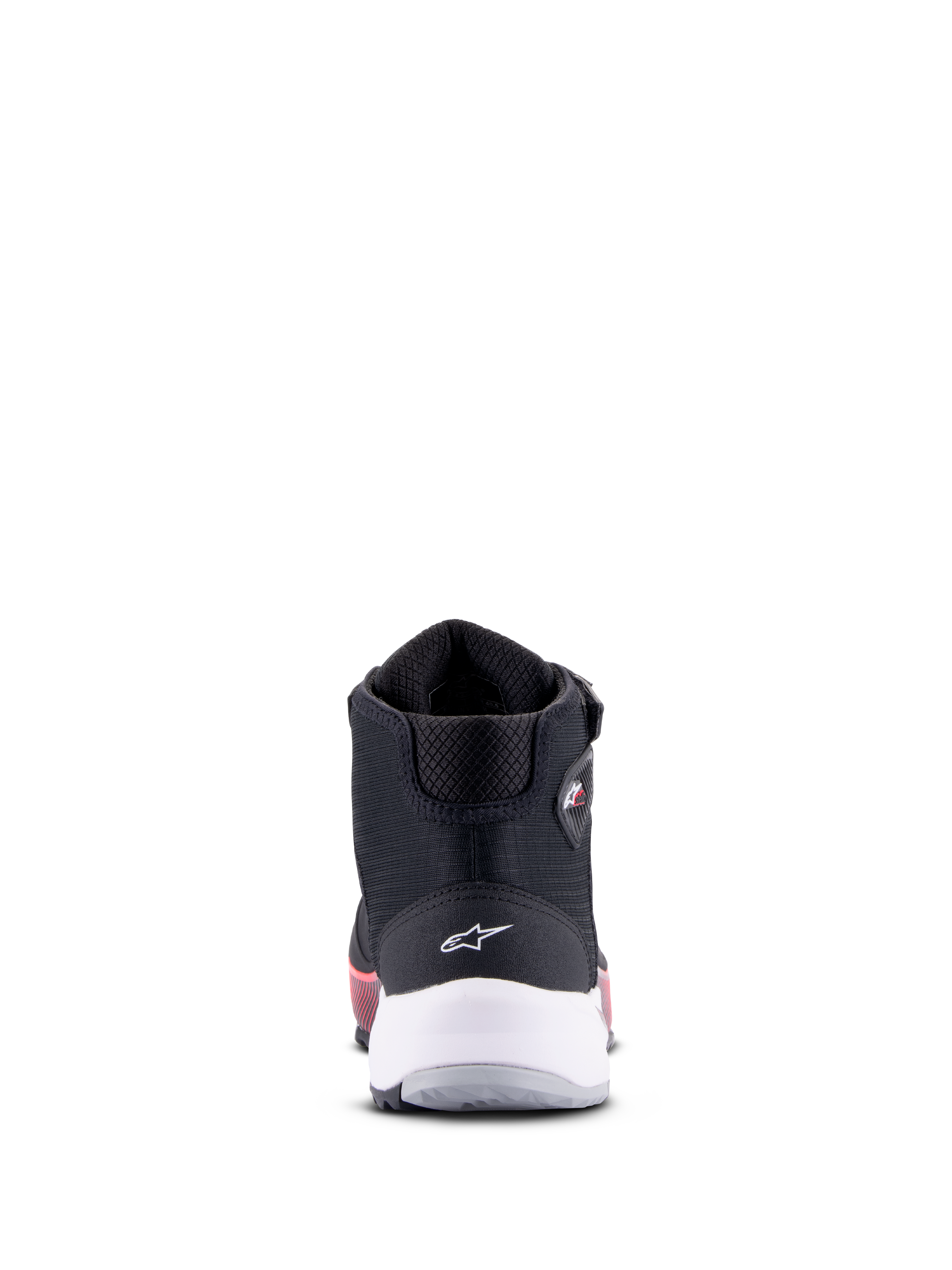 Alpinestars CR-X Women's Drystar Riding Shoe, negro, blanco y rosa diva, vista trasera con soporte de talón blanco y logotipo de estrella, calzado técnico de moto con detalles rosas en la suela