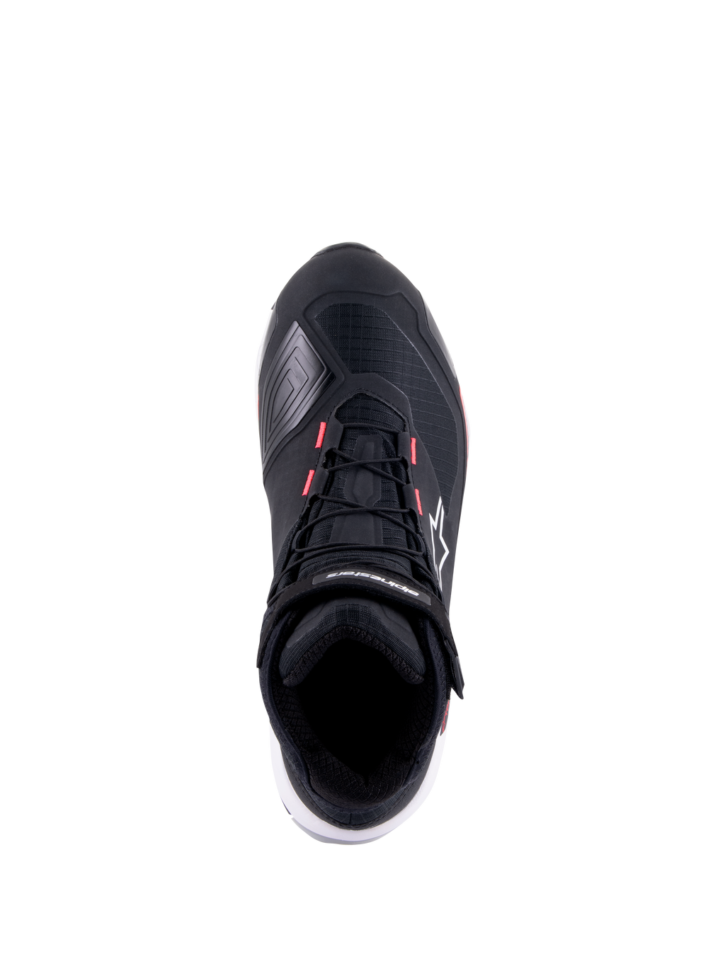 Zapatillas de moto Alpinestars CR-X Women's Drystar, negro, blanco y rosa diva, vista superior con parte superior técnica de ripstop, detalles rosas en los ojales de los cordones y marca Alpinestars en la correa del tobillo y el lateral.