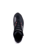 Zapatillas de moto Alpinestars CR-X Women's Drystar, negro, blanco y rosa diva, vista superior con parte superior técnica de ripstop, detalles rosas en los ojales de los cordones y marca Alpinestars en la correa del tobillo y el lateral.