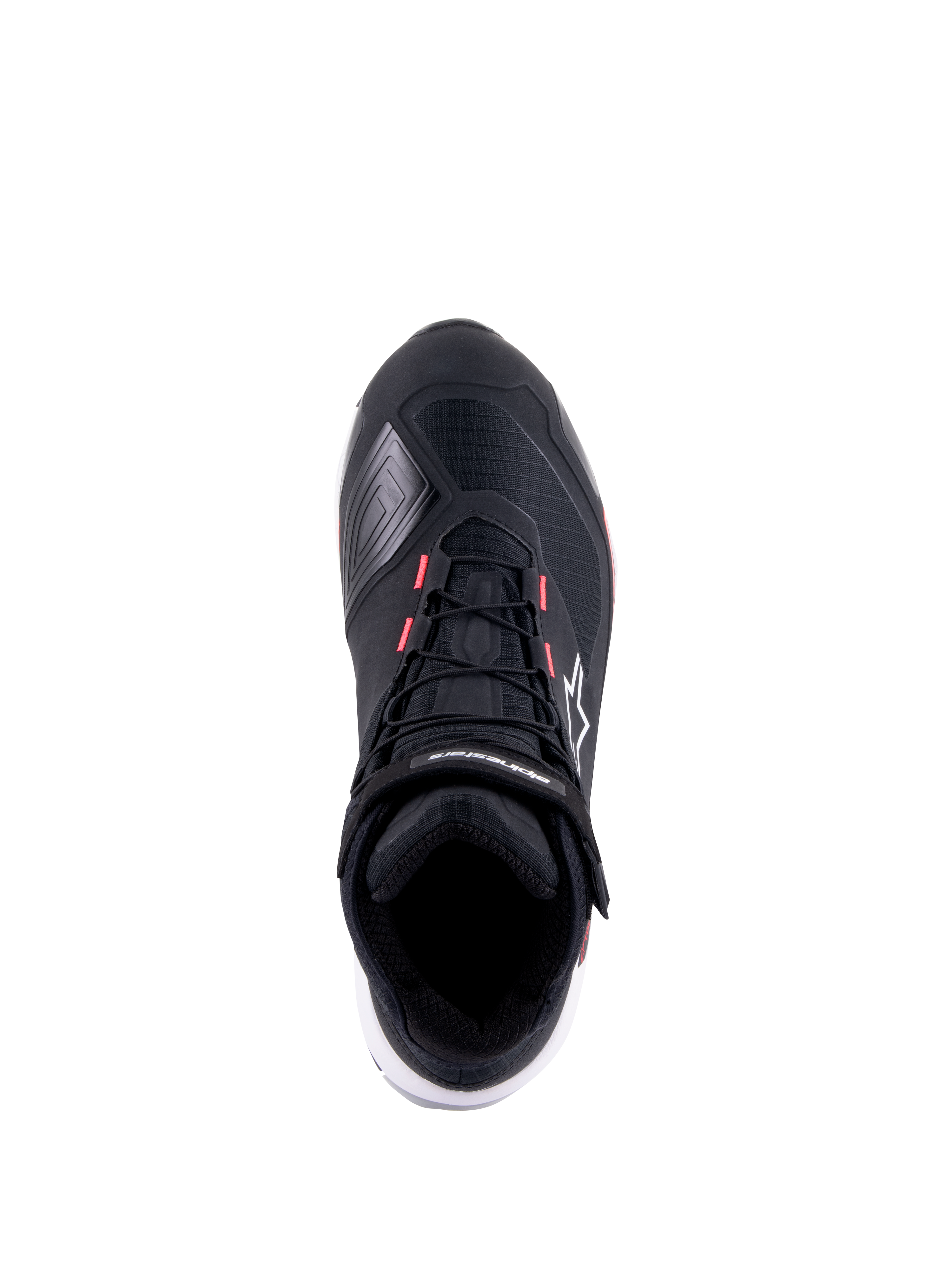 Zapatillas de moto Alpinestars CR-X Women's Drystar, negro, blanco y rosa diva, vista superior con parte superior técnica de ripstop, detalles rosas en los ojales de los cordones y marca Alpinestars en la correa del tobillo y el lateral.