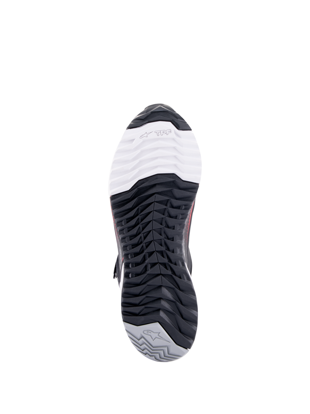 Alpinestars CR-X Women's Drystar® Riding Shoe, calzado para motociclismo, vista inferior de la suela, con la marca TPF Transversal Protection Frame en la sección blanca de la puntera, patrón de dibujo negro multidireccional y talón gris con el logotipo de la estrella.