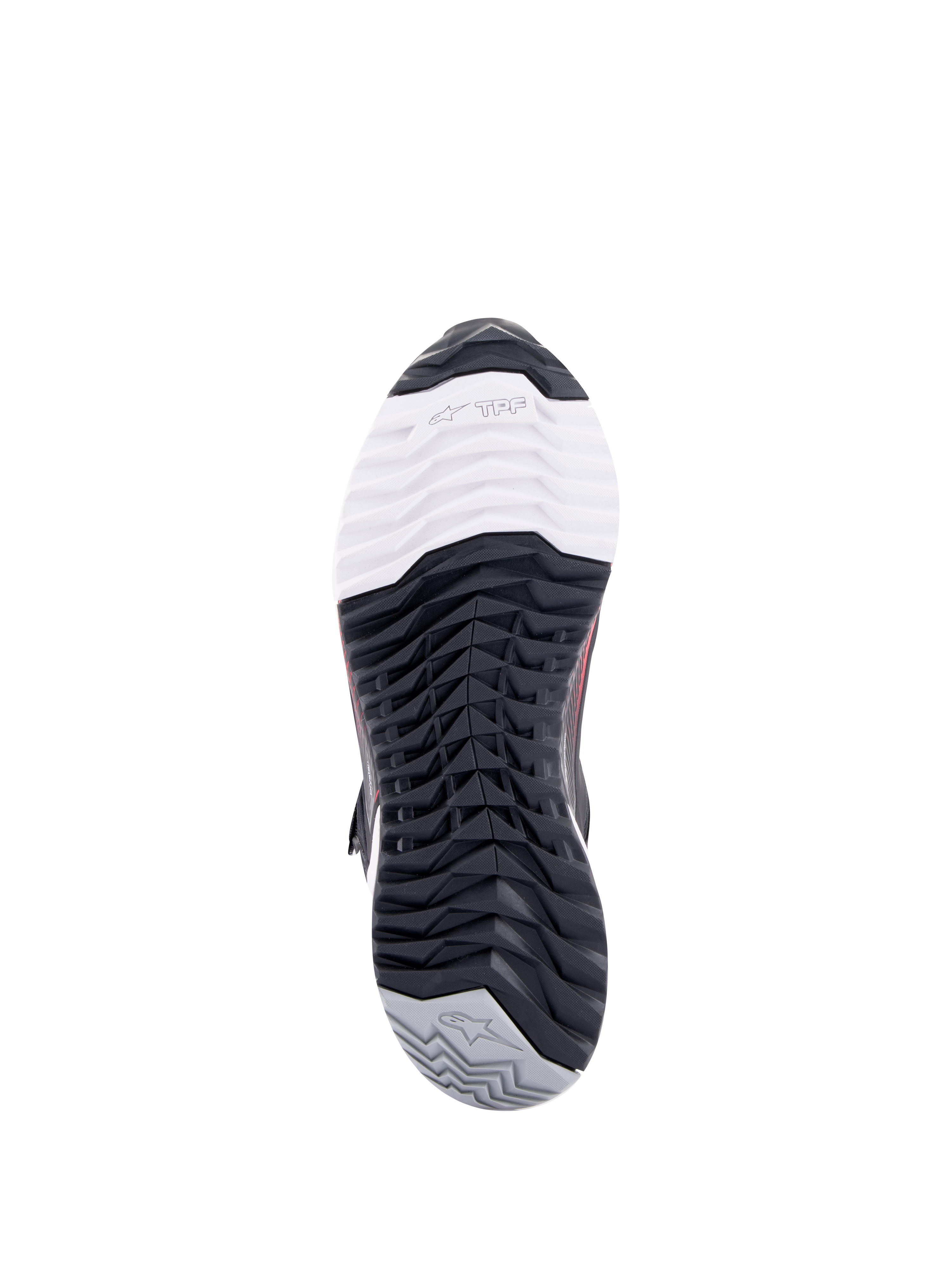 Alpinestars CR-X Women's Drystar® Riding Shoe, calzado para motociclismo, vista inferior de la suela, con la marca TPF Transversal Protection Frame en la sección blanca de la puntera, patrón de dibujo negro multidireccional y talón gris con el logotipo de la estrella.