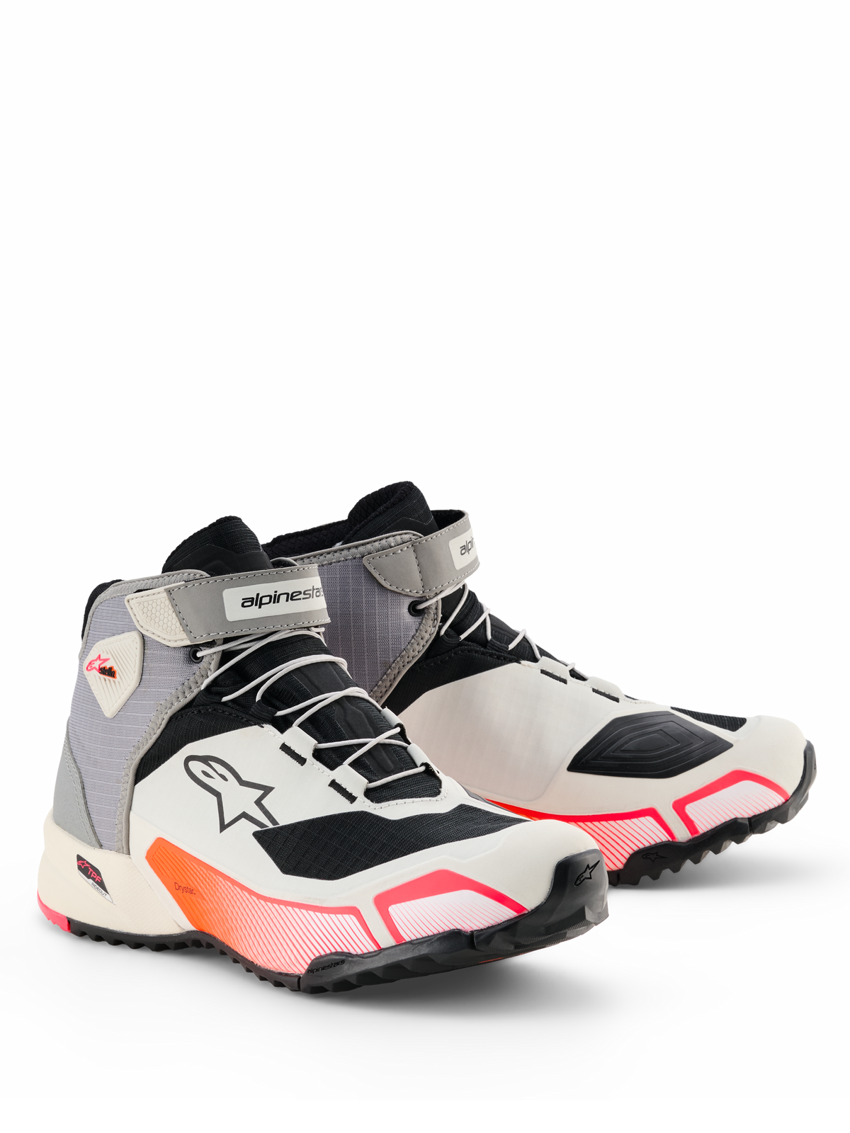 Alpinestars CR-X Drystar® para mujer, zapatos de moto, blanco, gris medio, negro y rosa diva, silueta atlética con detalles vibrantes en degradado rosa, correas de velcro en el tobillo y logotipo Astar en el lateral, calzado protector impermeable para conducción en carretera