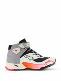 Alpinestars CR-X Women's Drystar Riding Shoes, mid-top motorcycle riding sneakers in White, Mid Gray, Black, and Diva Pink, side view showing ankle strap, textured grip sole, and athletic design for urban commuting.