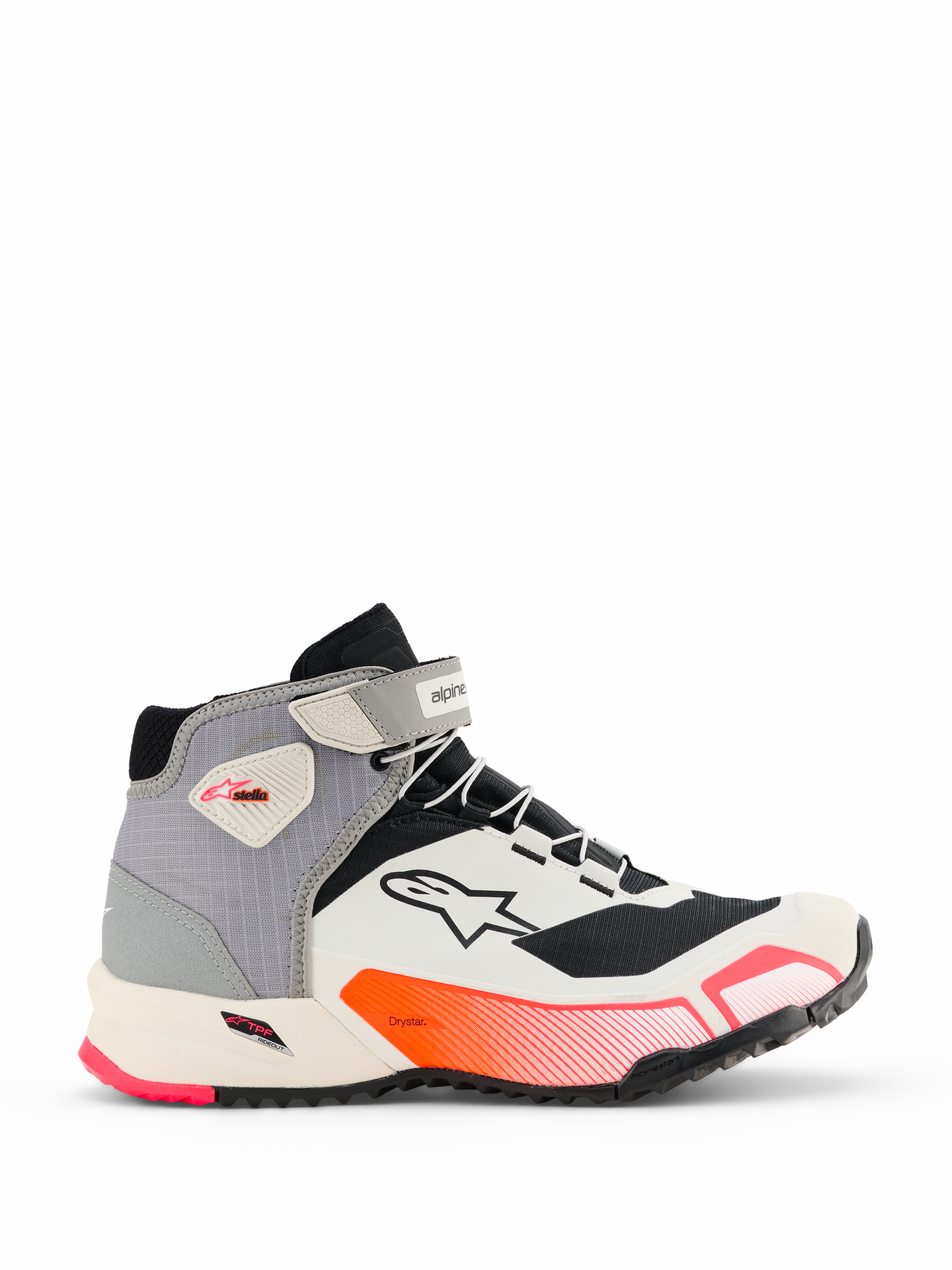 Alpinestars CR-X Women's Drystar Riding Shoes, mid-top motorcycle riding sneakers in White, Mid Gray, Black, and Diva Pink, side view showing ankle strap, textured grip sole, and athletic design for urban commuting.