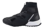 Alpinestars CR-1 Shoes, Motorcycle Riding Shoes, Black and White, side profile featuring microfiber and 3D mesh upper, white midsole at the heel with white Alpinestars branding, high collar design for touring and sport riding