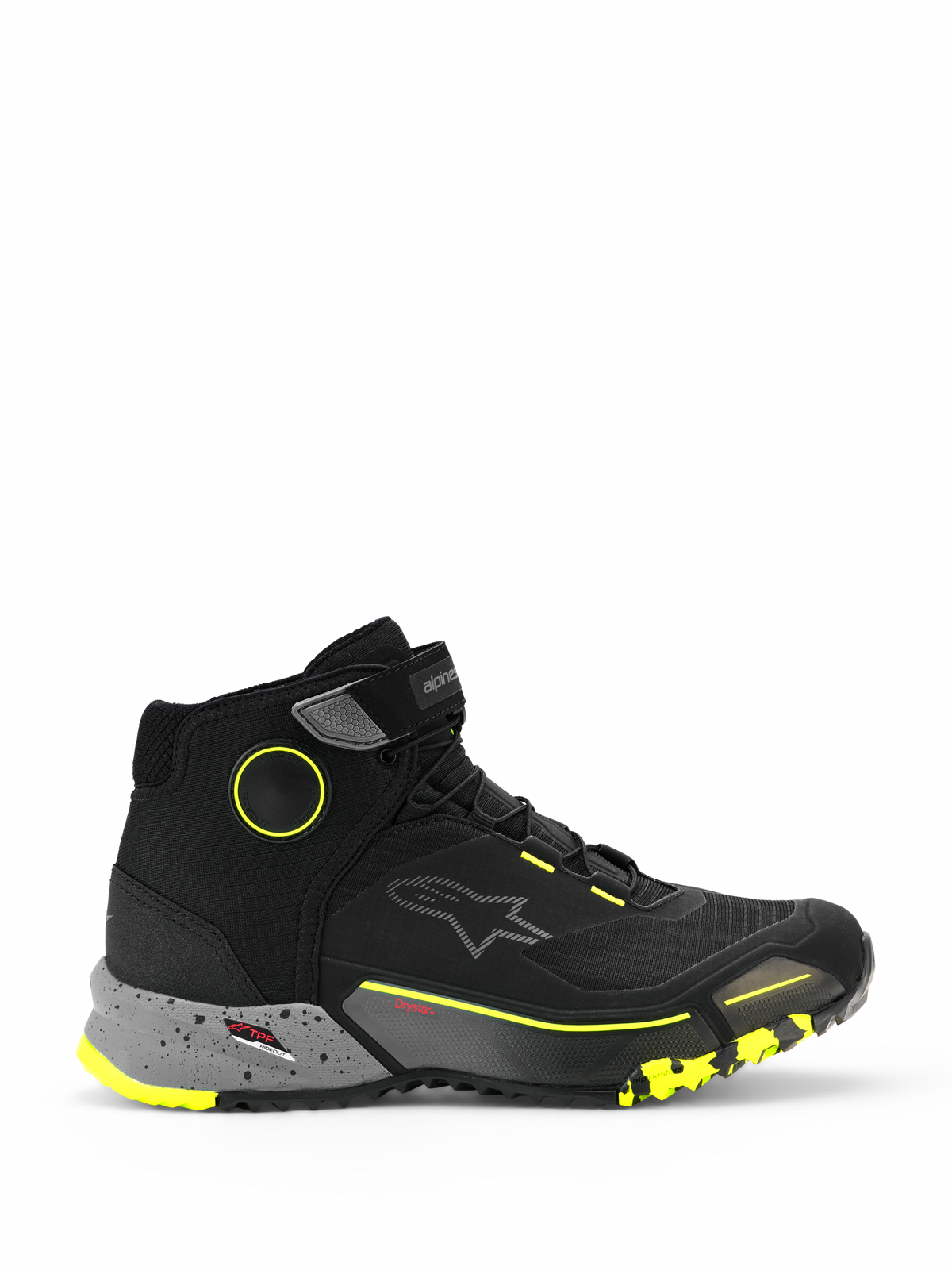 Alpinestars CR-X Drystar, zapatillas urbanas de moto tipo botín, negras con entresuela gris oscuro moteada y detalles amarillo flúor, membrana impermeable Drystar, suela texturizada resistente, calzado de conducción casual y protector