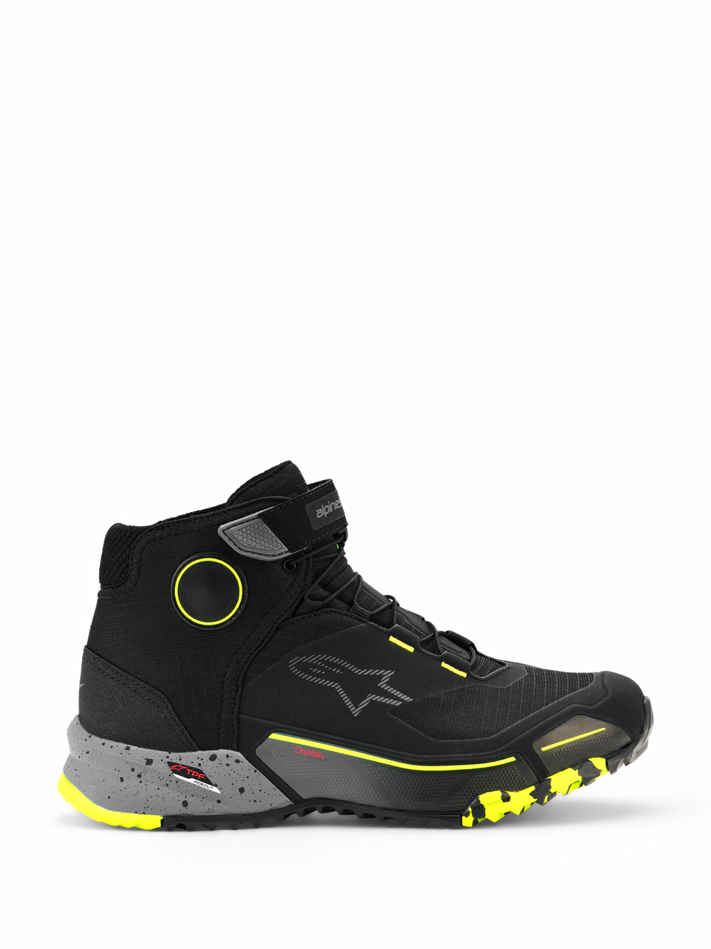 Alpinestars CR-X Drystar, zapatillas urbanas de moto tipo botín, negras con entresuela gris oscuro moteada y detalles amarillo flúor, membrana impermeable Drystar, suela texturizada resistente, calzado de conducción casual y protector