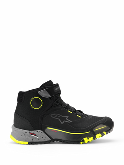 Alpinestars CR-X Drystar Riding Shoes, high-top motorcycle urban sneakers, black with dark gray speckled midsole and yellow fluo accents, waterproof Drystar membrane, rugged textured sole, protective casual riding footwear