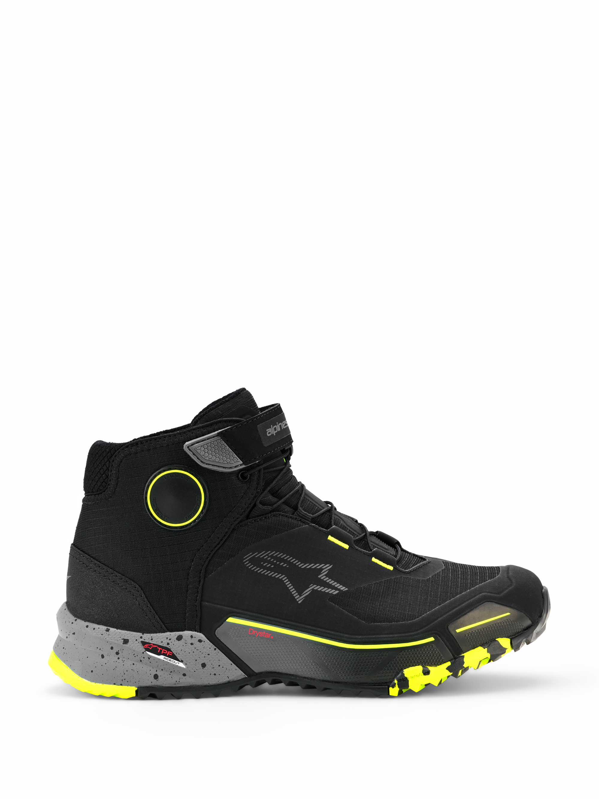 Alpinestars CR-X Drystar, zapatillas urbanas de moto tipo botín, negras con entresuela gris oscuro moteada y detalles amarillo flúor, membrana impermeable Drystar, suela texturizada resistente, calzado de conducción casual y protector